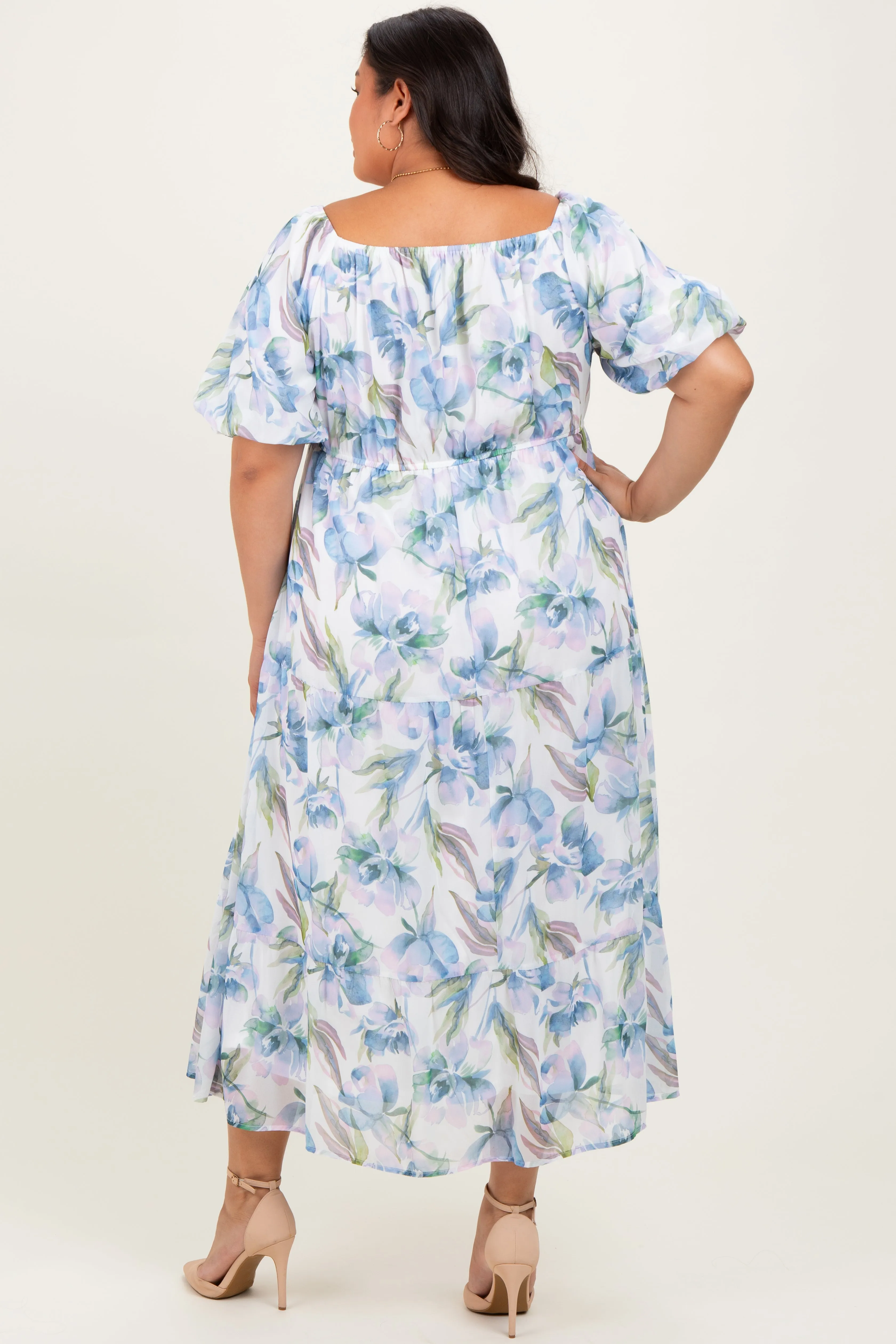 Blue Floral Chiffon Puff Sleeve Plus Midi Dress sold by Pinkblush product image thumbnail 4