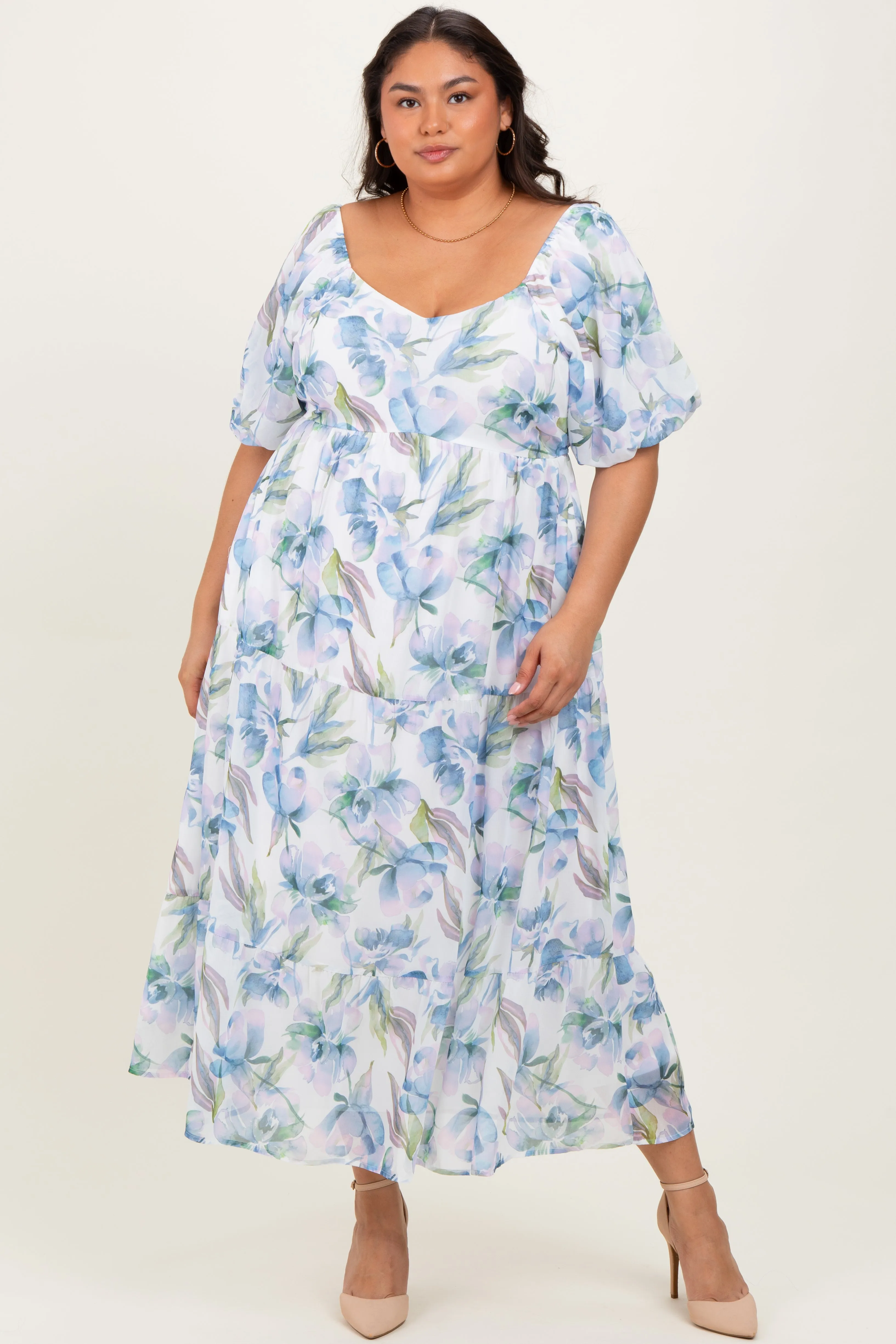 Blue Floral Chiffon Puff Sleeve Plus Midi Dress sold by Pinkblush