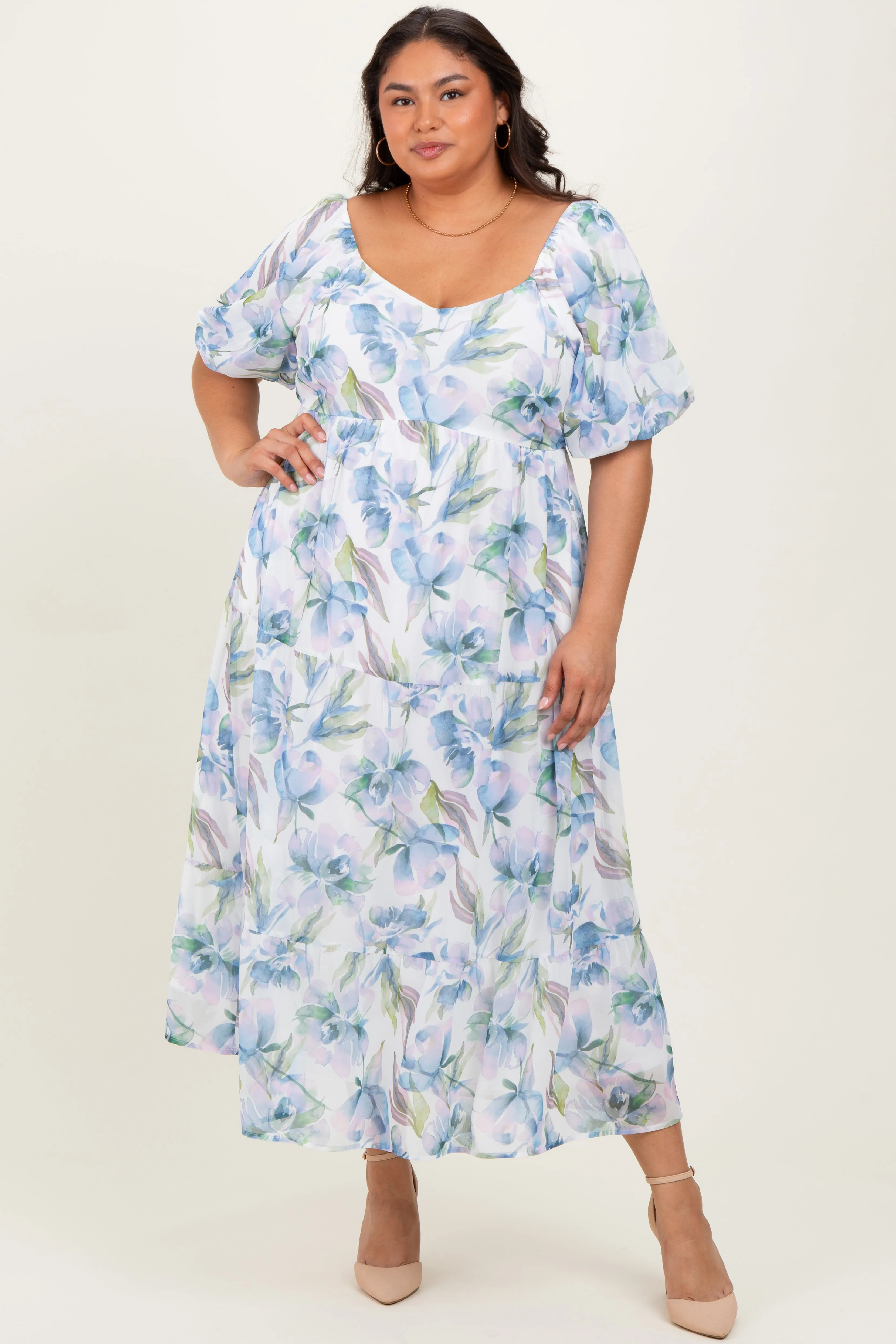 Blue Floral Chiffon Puff Sleeve Plus Midi Dress sold by Pinkblush product image thumbnail 2