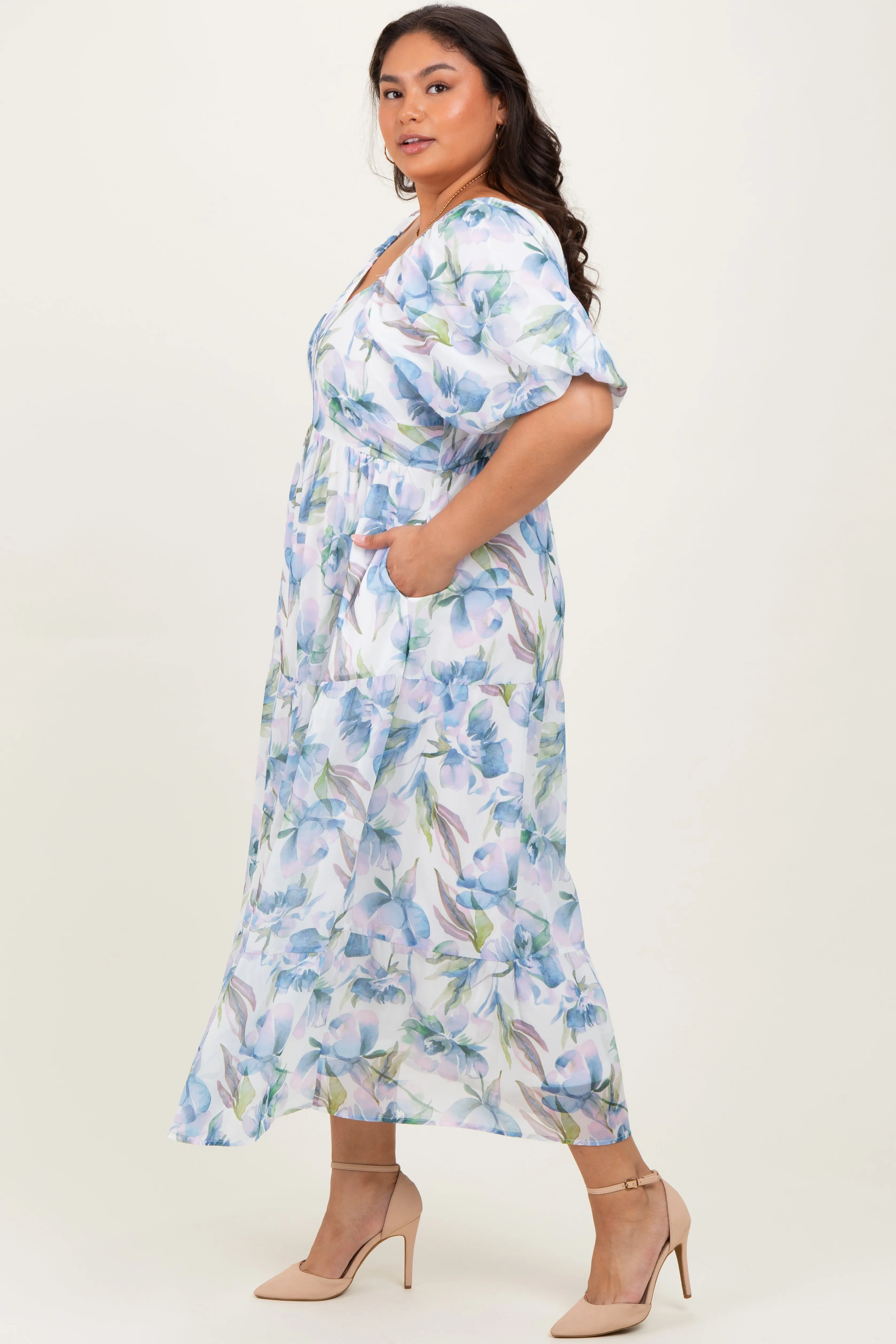 Blue Floral Chiffon Puff Sleeve Plus Midi Dress sold by Pinkblush product image thumbnail 3