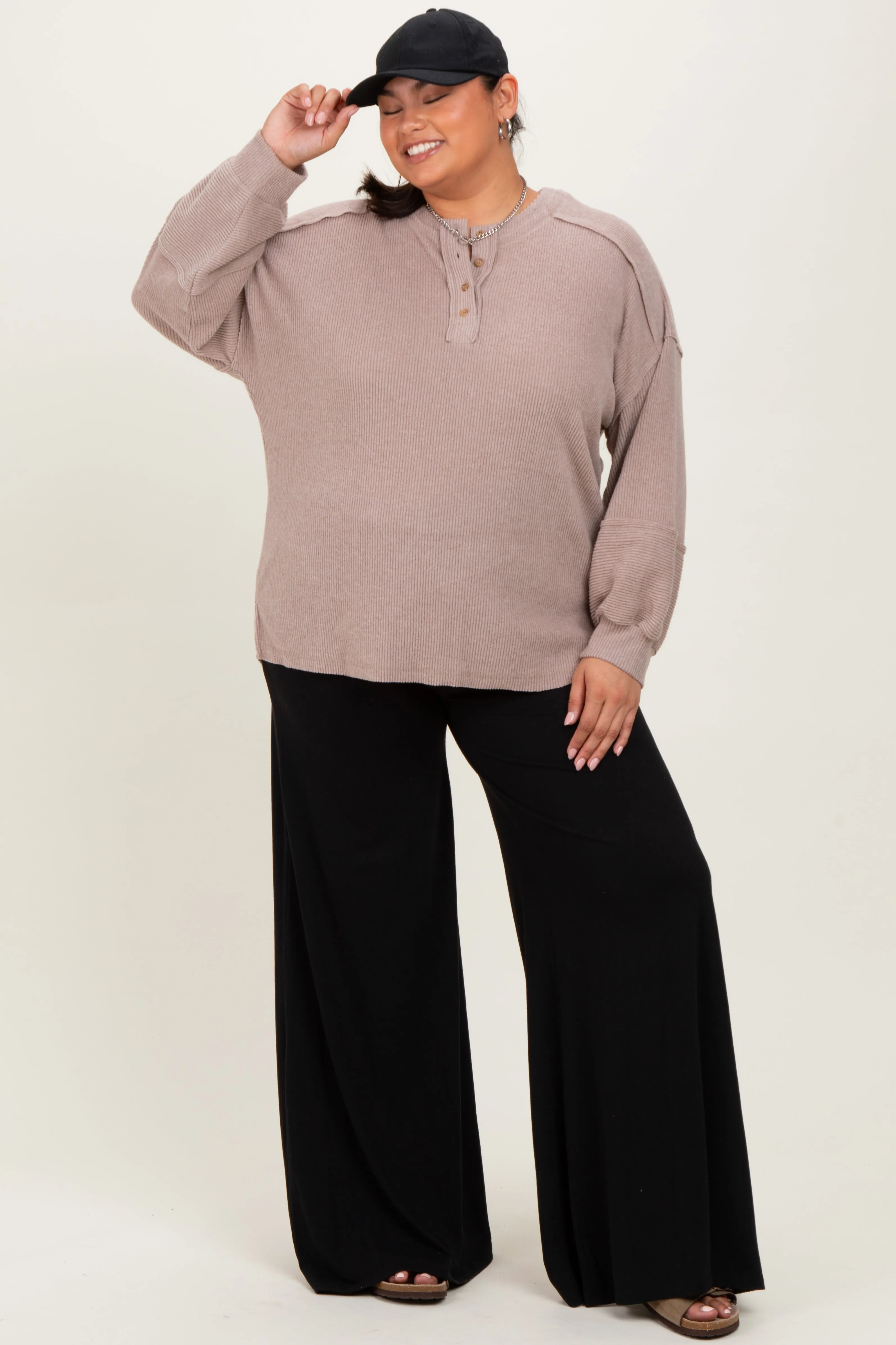 Beige Oversized Ribbed Knit Henley Plus Sweater sold by Pinkblush product image thumbnail 2