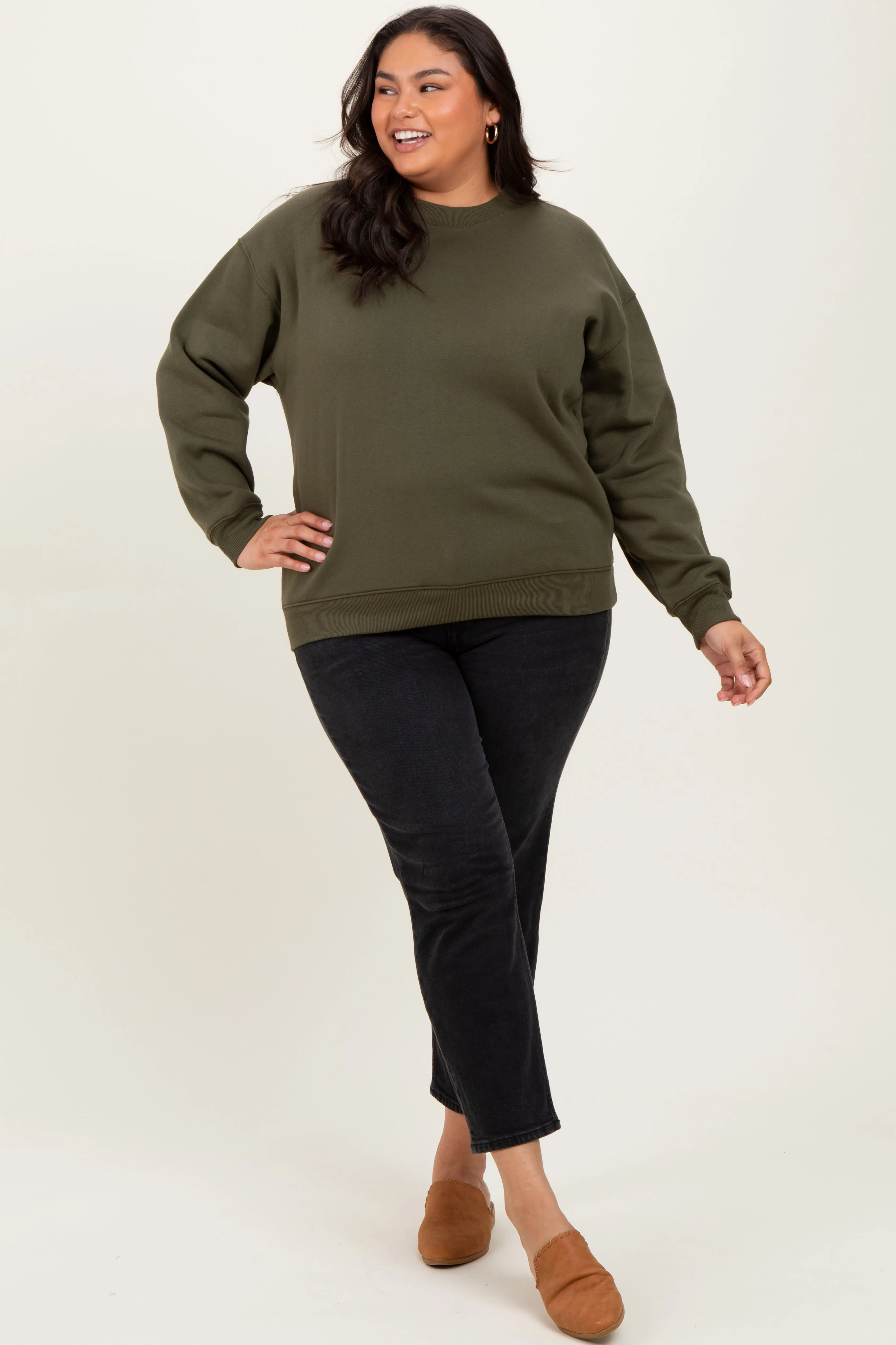 Olive Basic Fleece Crewneck Sweatshirt sold by Pinkblush product image thumbnail 2