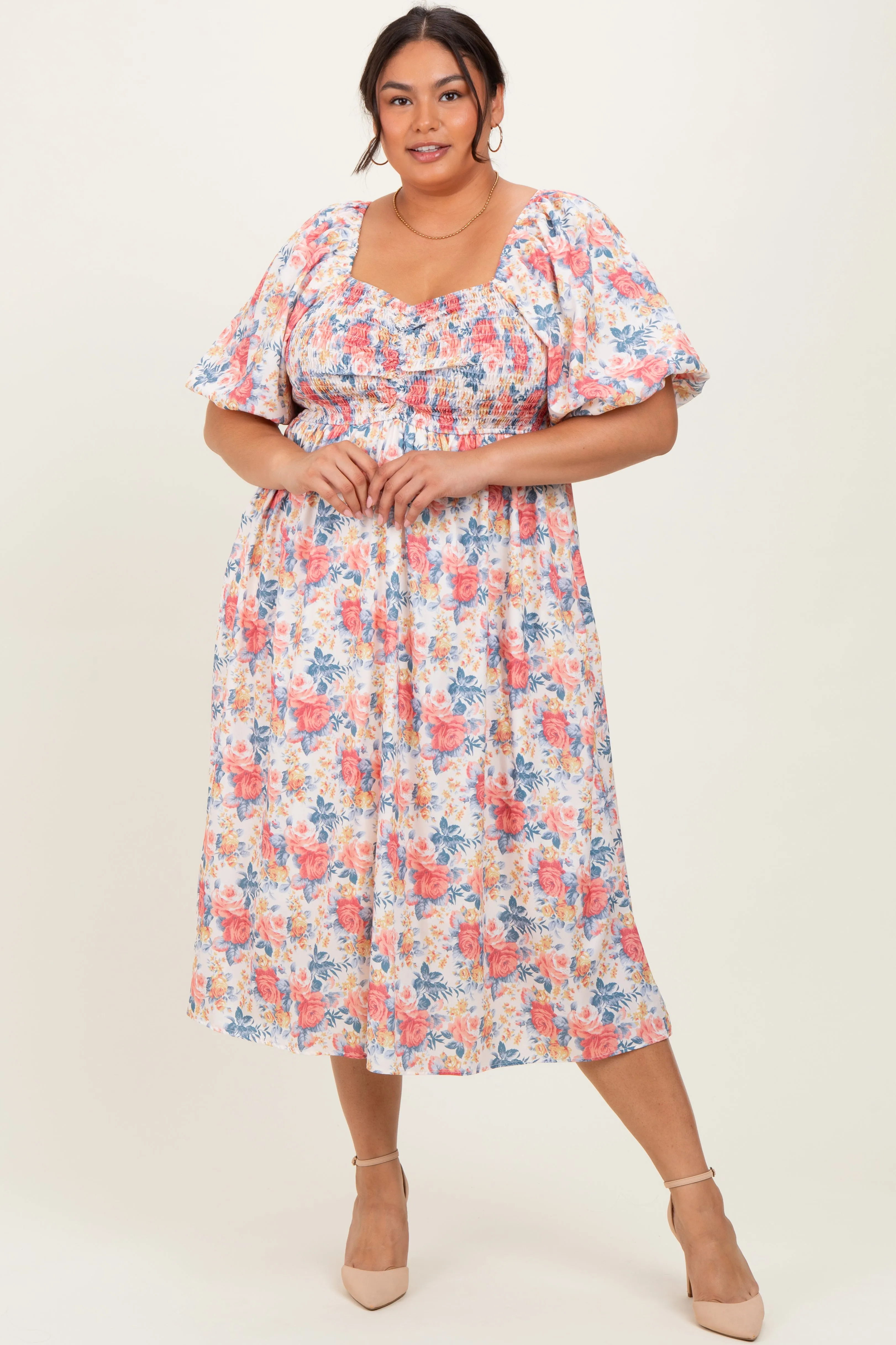 Ivory Multi Floral Print Smocked Ruched Bust Plus Midi Dress sold by Pinkblush product image thumbnail 5