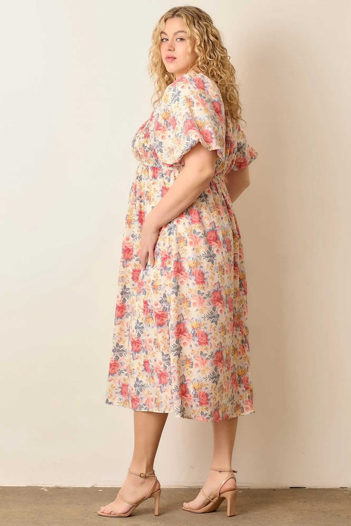 Ivory Multi Floral Print Smocked Ruched Bust Plus Midi Dress sold by Pinkblush product image thumbnail 2