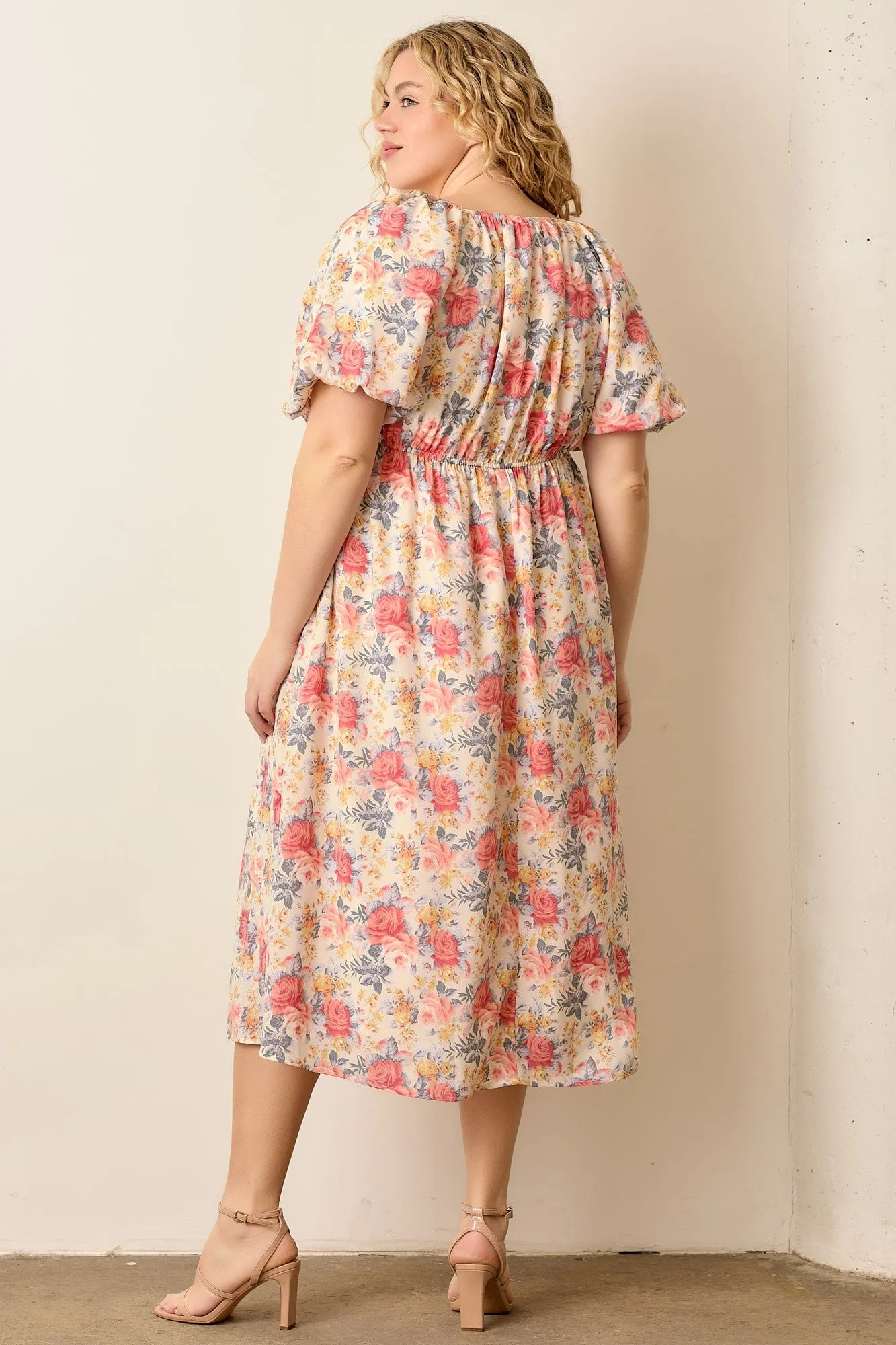 Ivory Multi Floral Print Smocked Ruched Bust Plus Midi Dress sold by Pinkblush product image thumbnail 3
