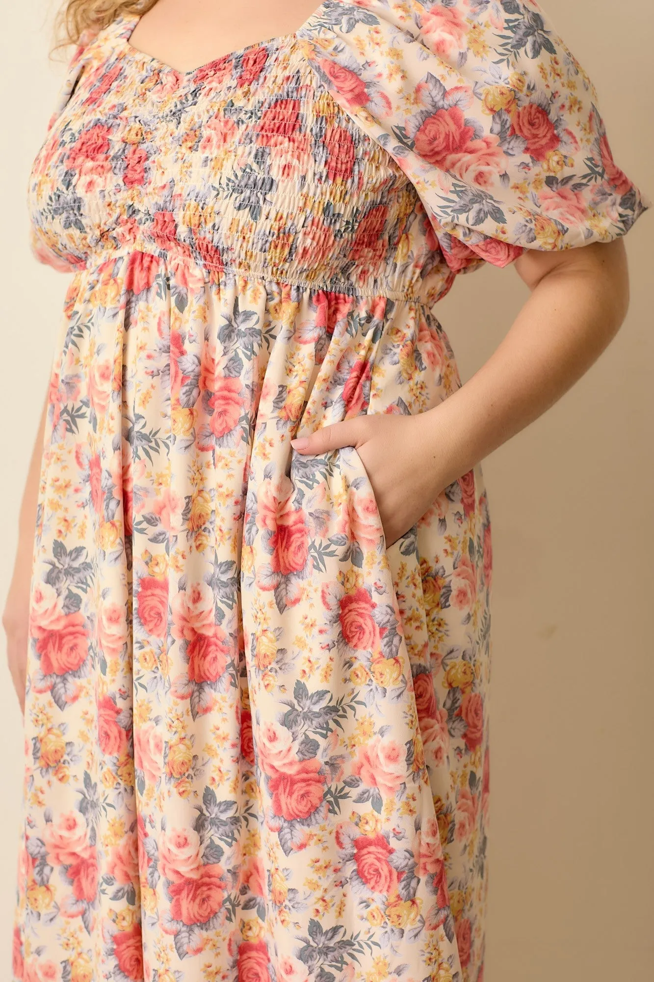 Ivory Multi Floral Print Smocked Ruched Bust Plus Midi Dress sold by Pinkblush product image thumbnail 4