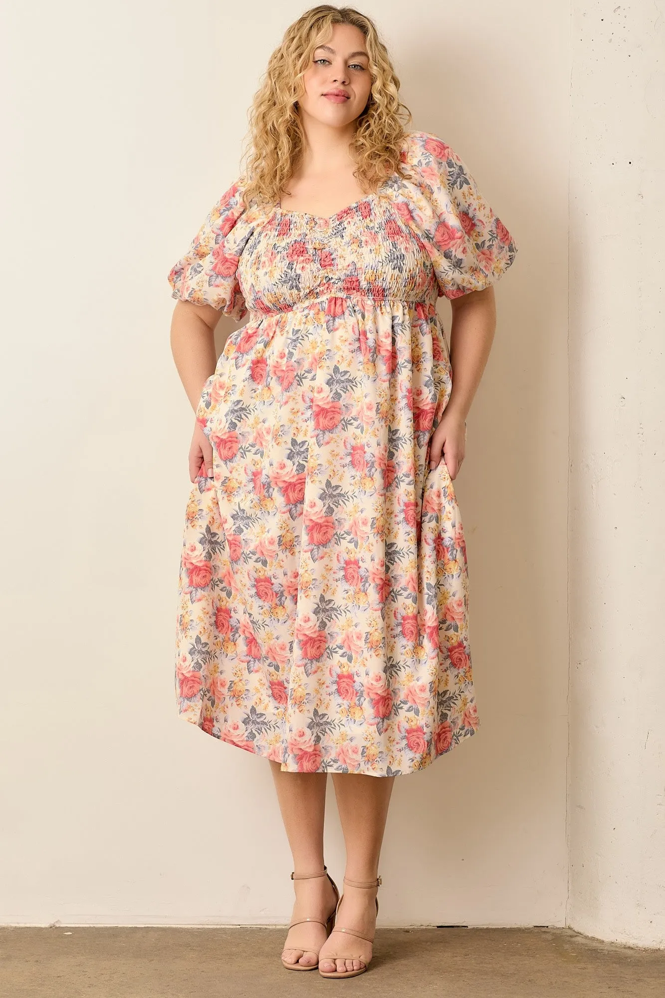 Ivory Multi Floral Print Smocked Ruched Bust Plus Midi Dress sold by Pinkblush
