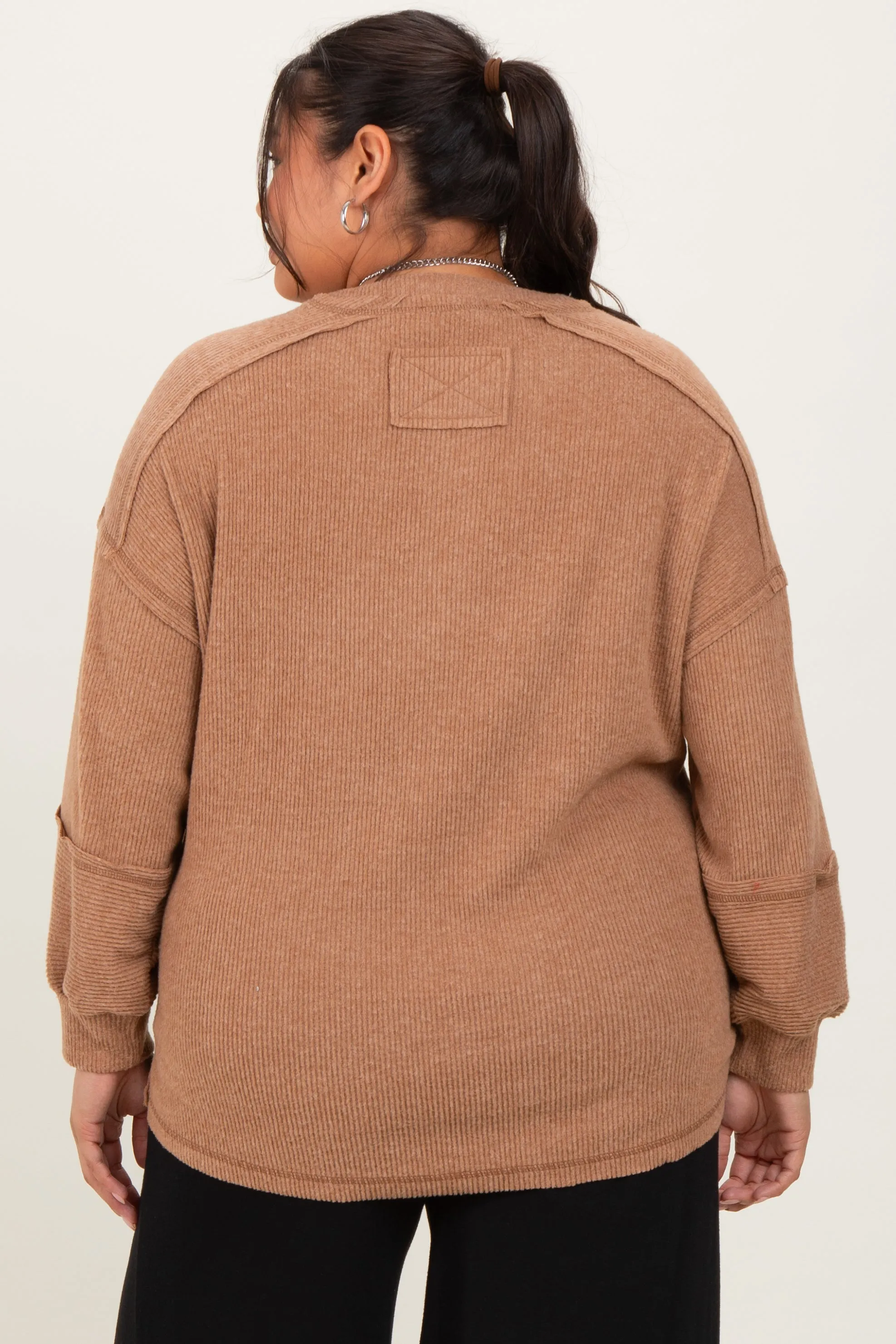 Camel Oversized Ribbed Knit Henley Plus Sweater sold by Pinkblush product image thumbnail 4