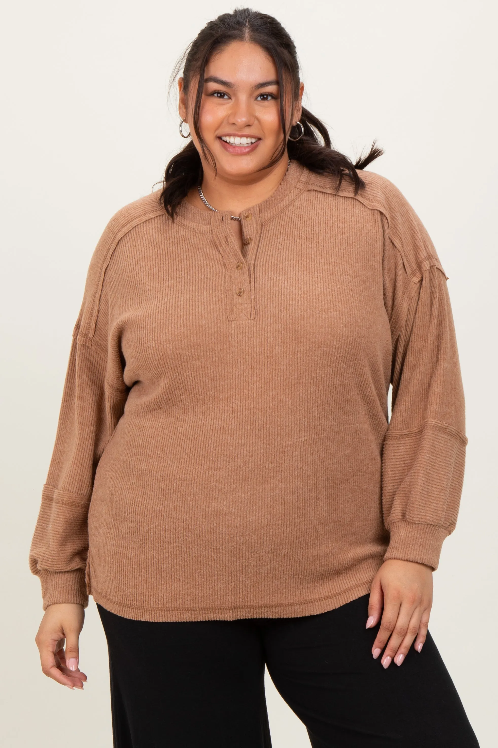 Camel Oversized Ribbed Knit Henley Plus Sweater sold by Pinkblush