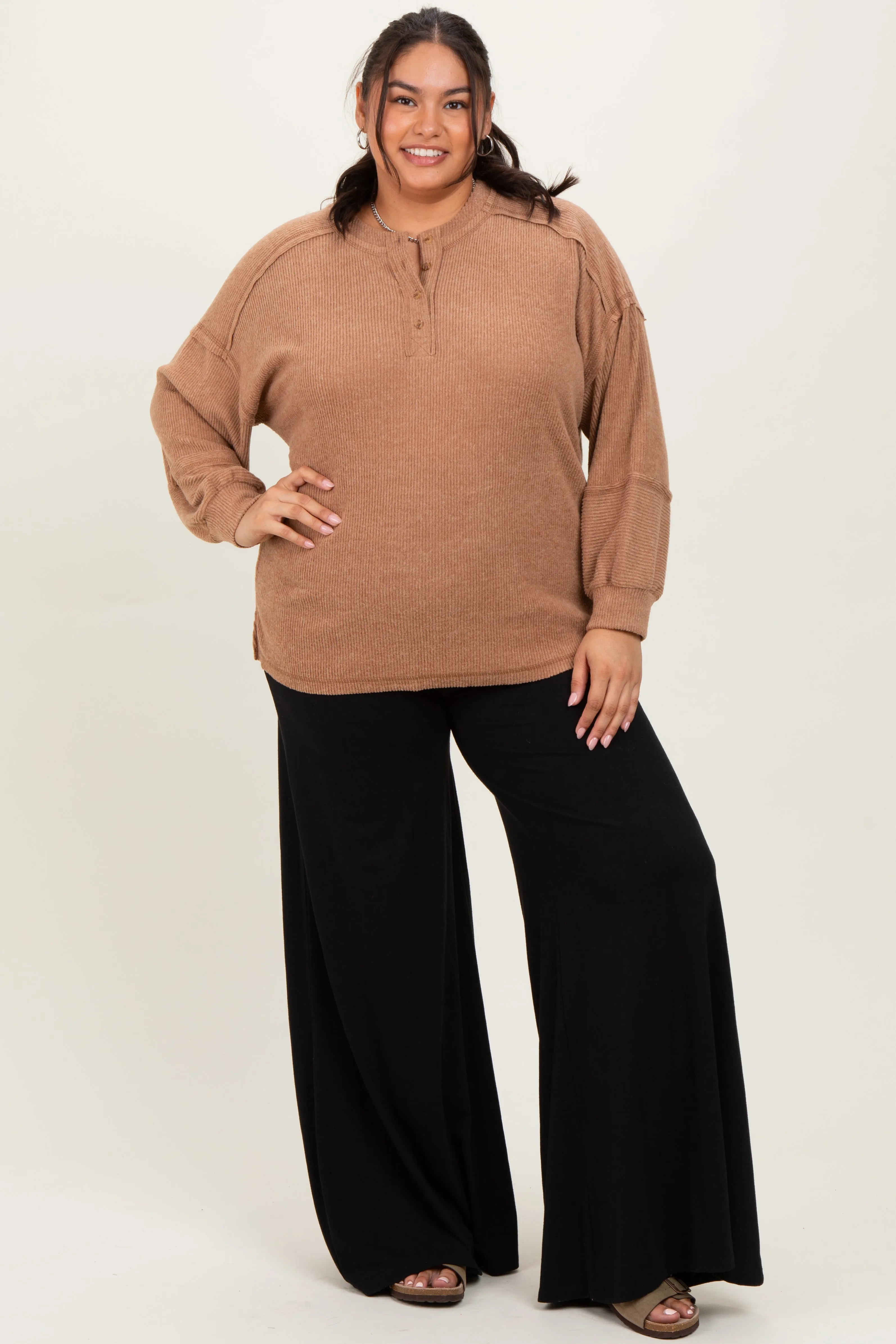 Camel Oversized Ribbed Knit Henley Plus Sweater sold by Pinkblush product image thumbnail 2