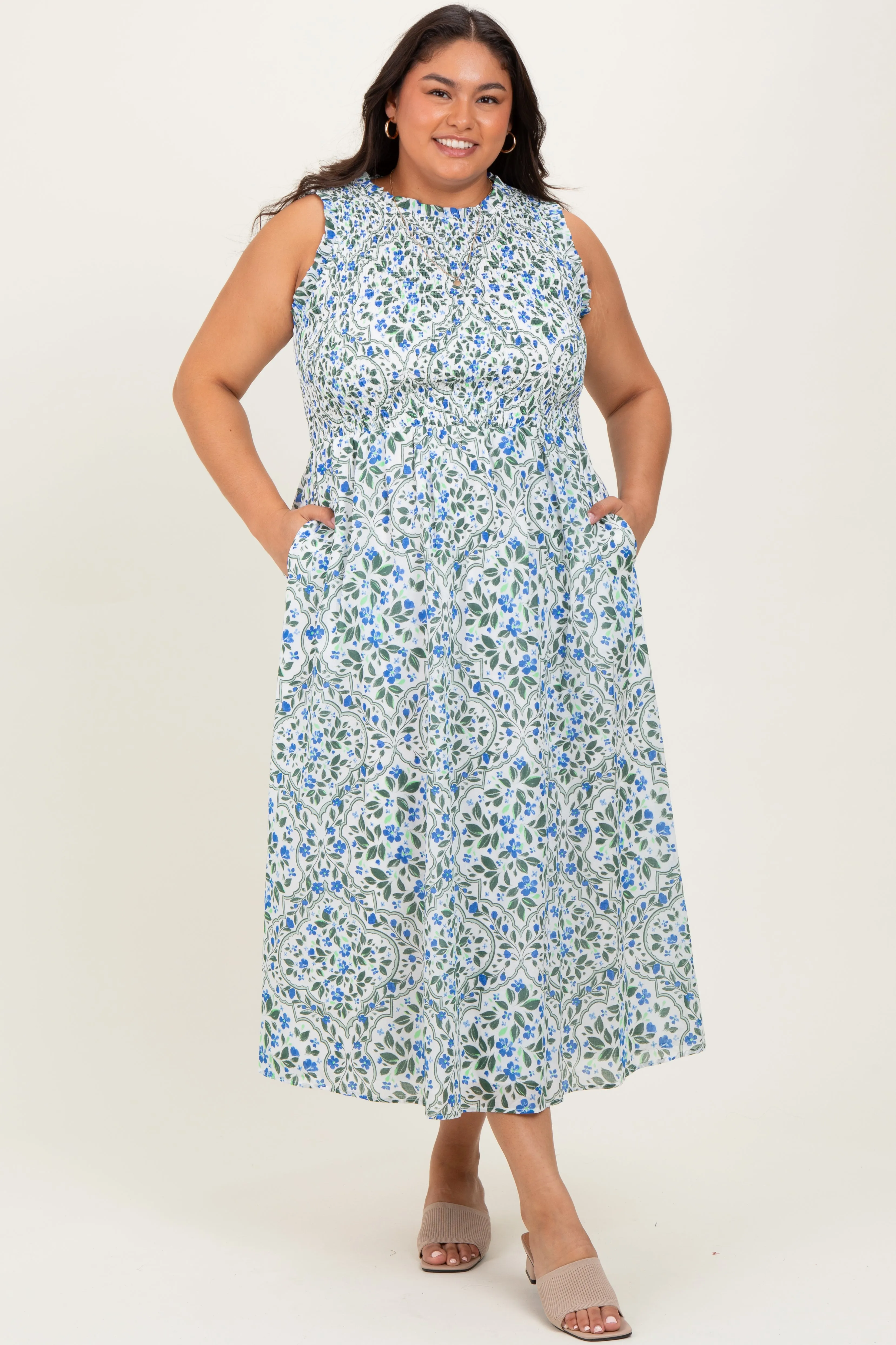 Blue Floral Smocked Sleeveless Plus Midi Dress sold by Pinkblush product image thumbnail 2