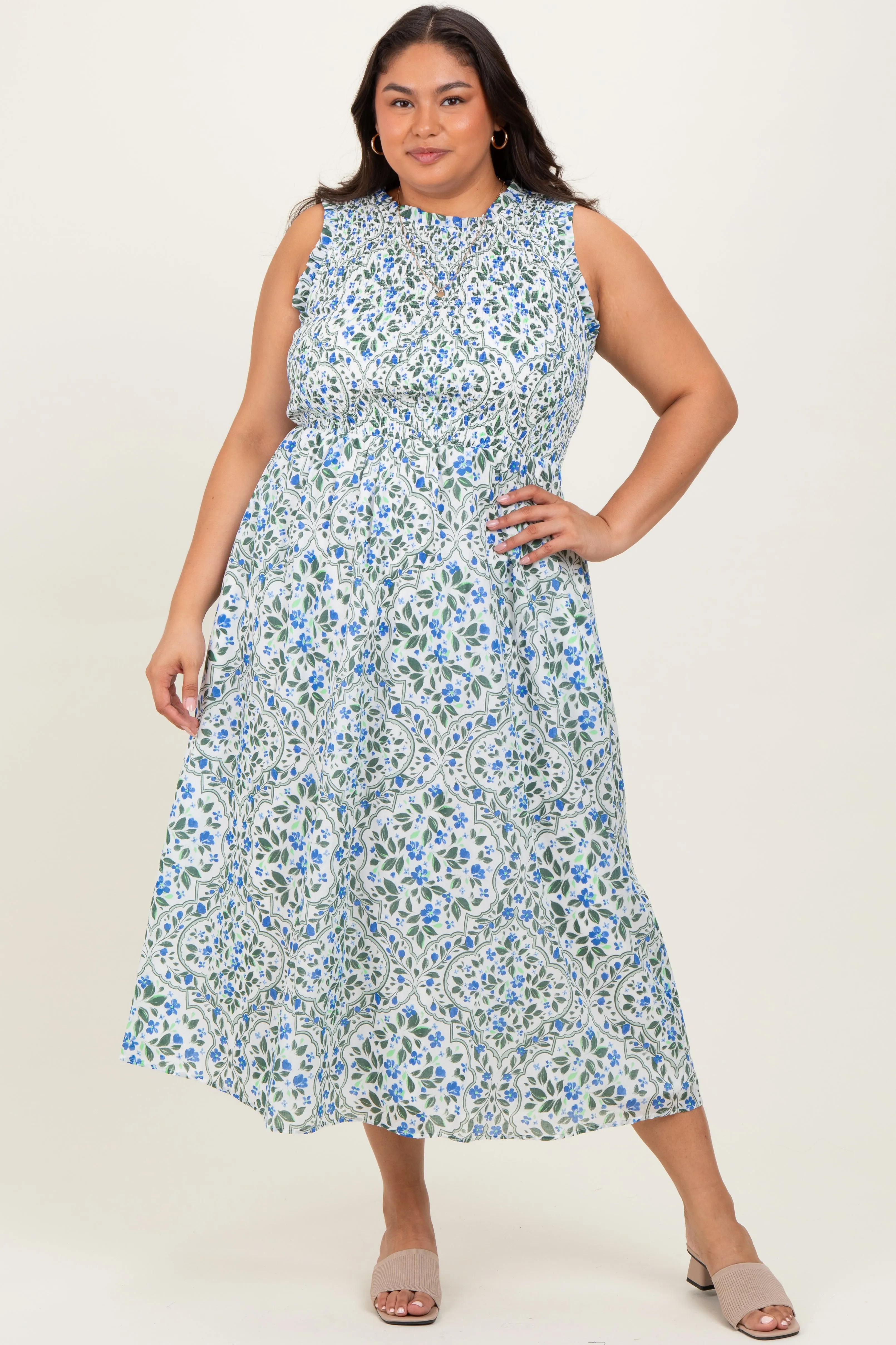 Blue Floral Smocked Sleeveless Plus Midi Dress sold by Pinkblush