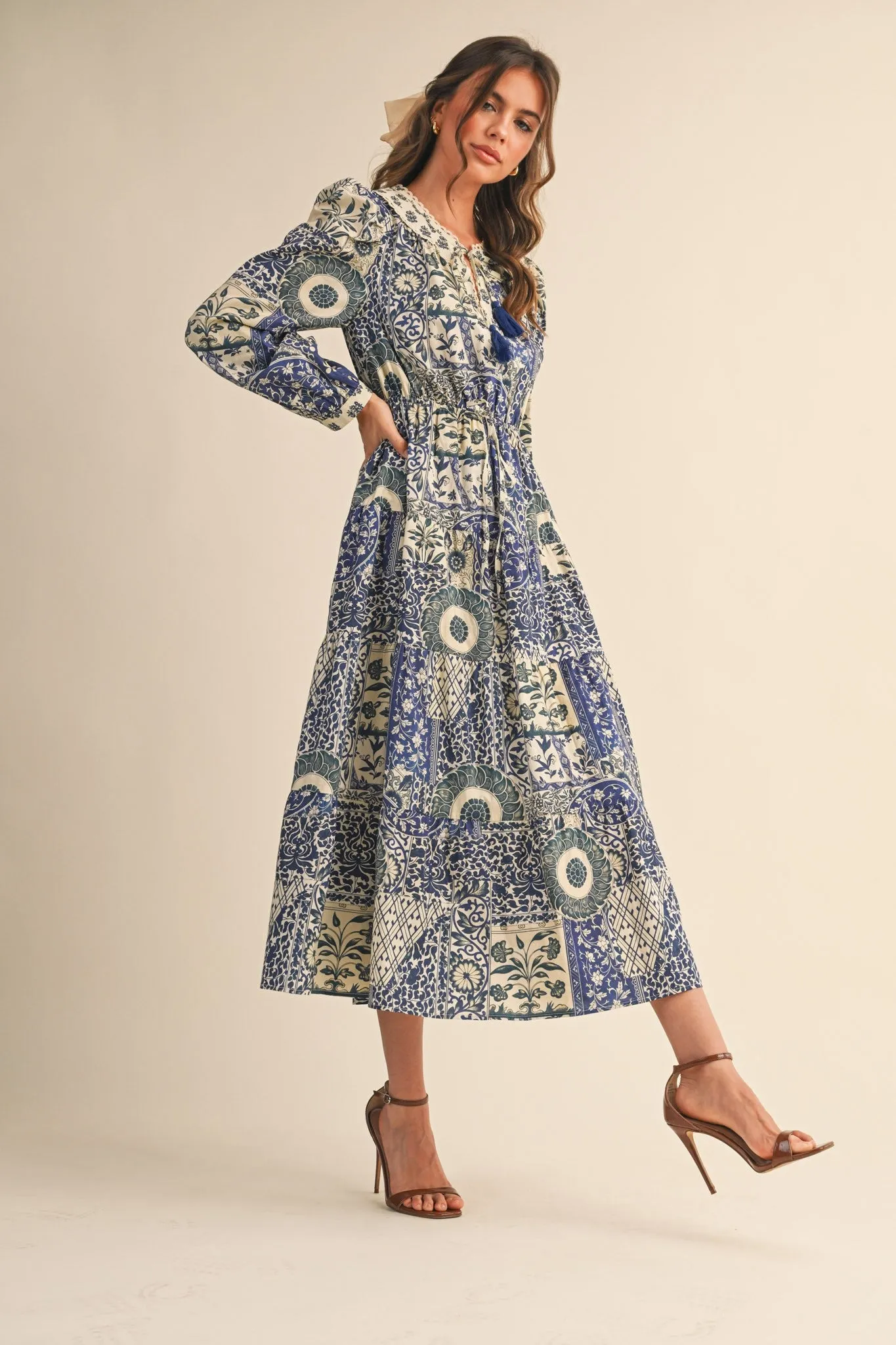 Blue Floral Patchwork Print Front Tie Midi Dress sold by Pinkblush product image thumbnail 3