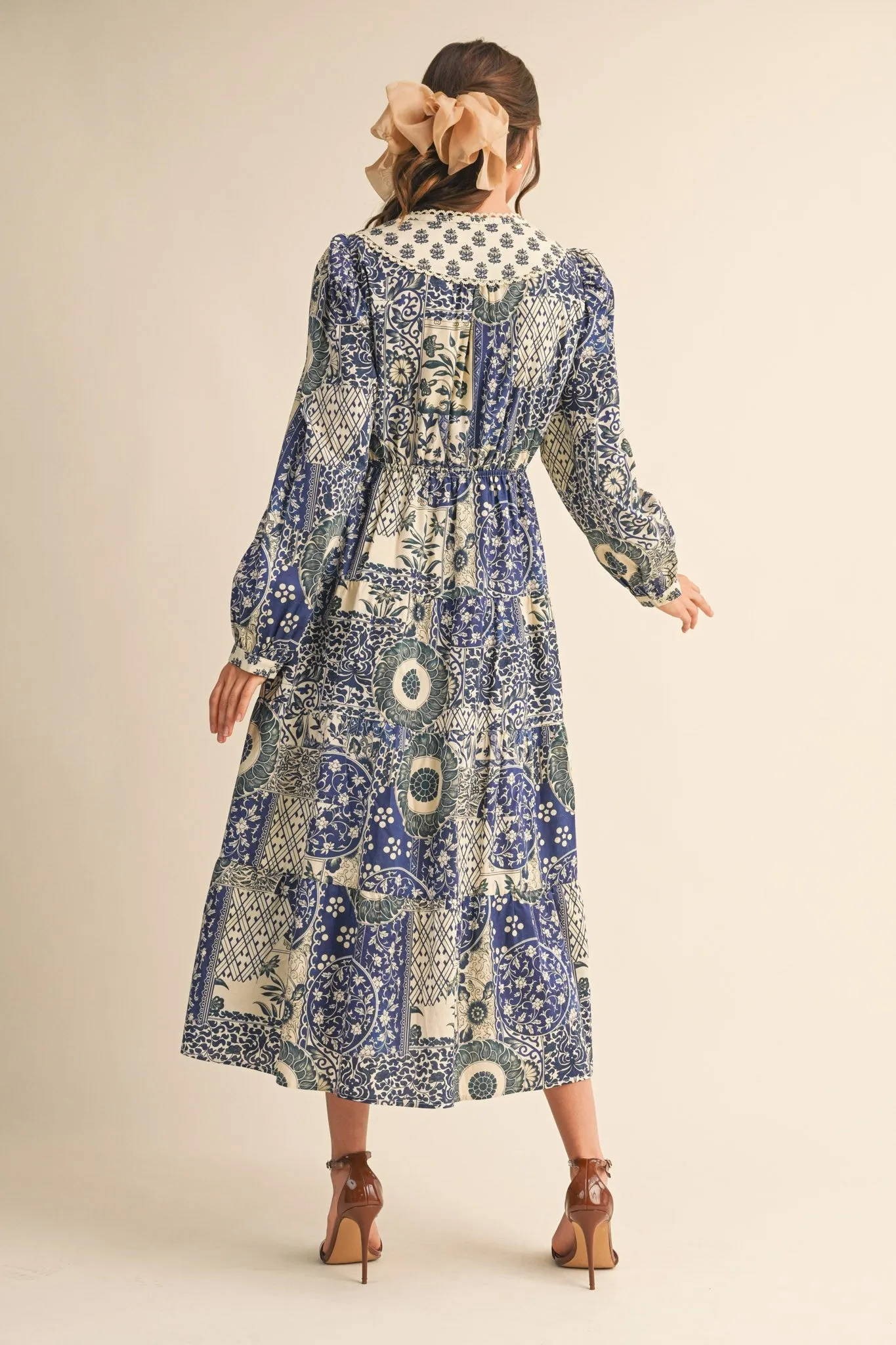 Blue Floral Patchwork Print Front Tie Midi Dress sold by Pinkblush product image thumbnail 4