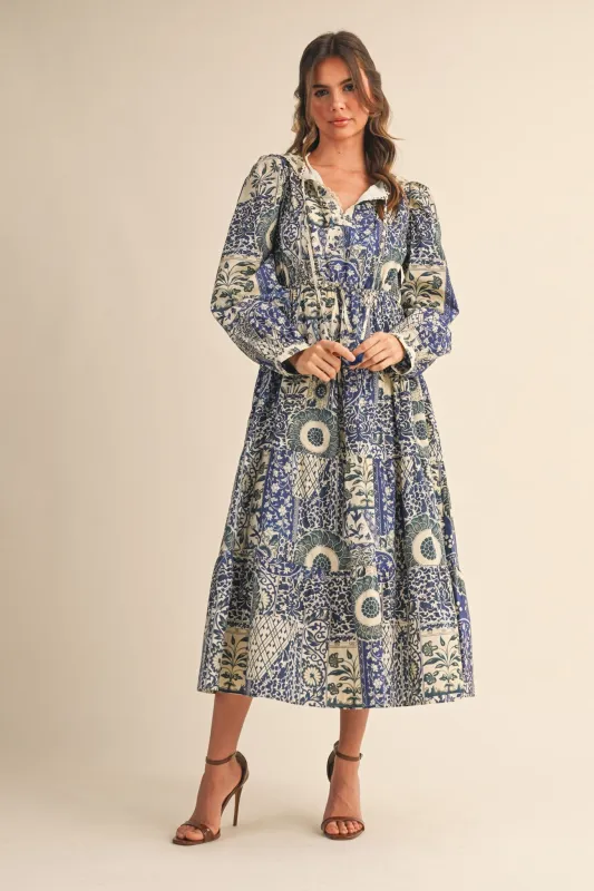 Blue Floral Patchwork Print Front Tie Midi Dress sold by Pinkblush