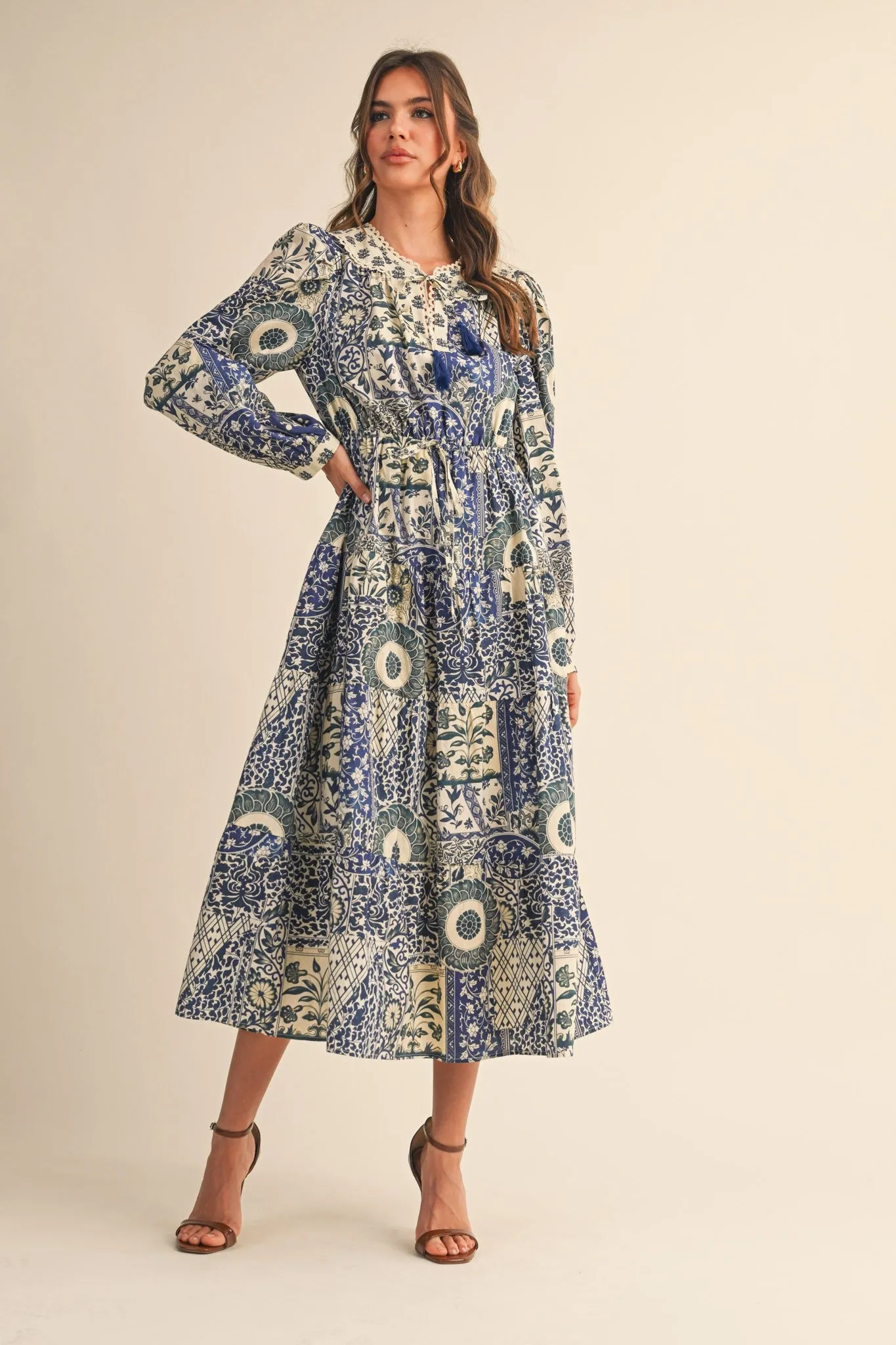 Blue Floral Patchwork Print Front Tie Midi Dress sold by Pinkblush product image thumbnail 2