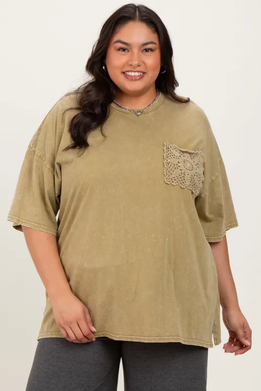 Light Olive Mineral Wash Crochet Pocket Plus Top sold by Pinkblush