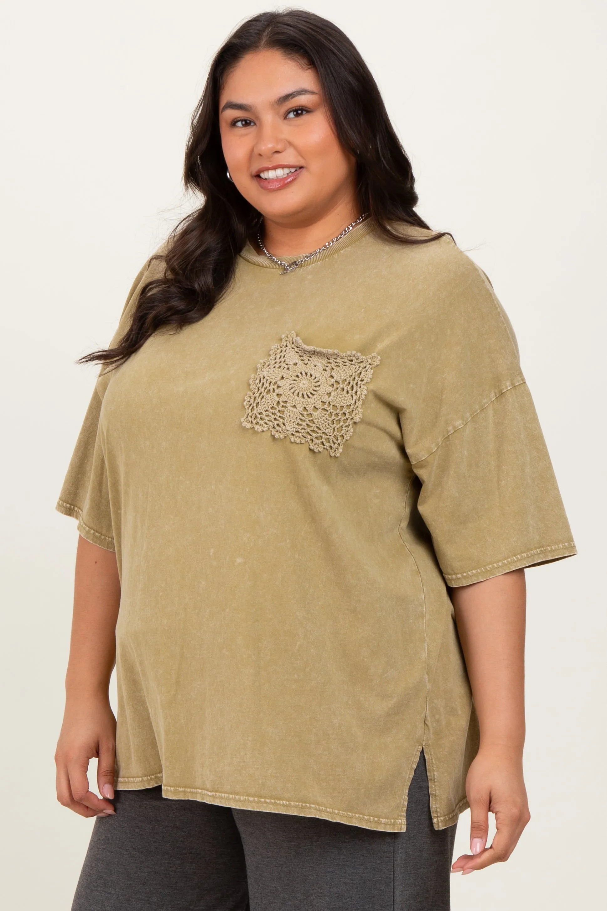 Light Olive Mineral Wash Crochet Pocket Plus Top sold by Pinkblush product image thumbnail 3