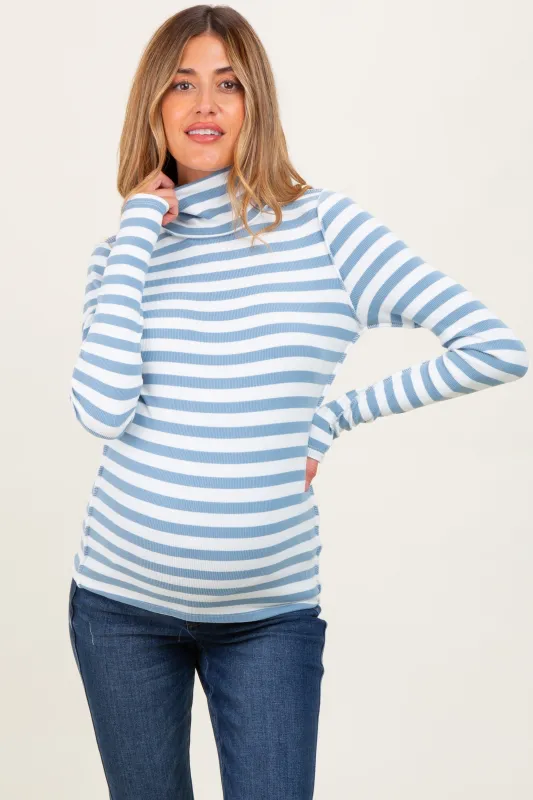 Blue Striped Turtleneck Maternity Long Sleeve Top sold by Pinkblush