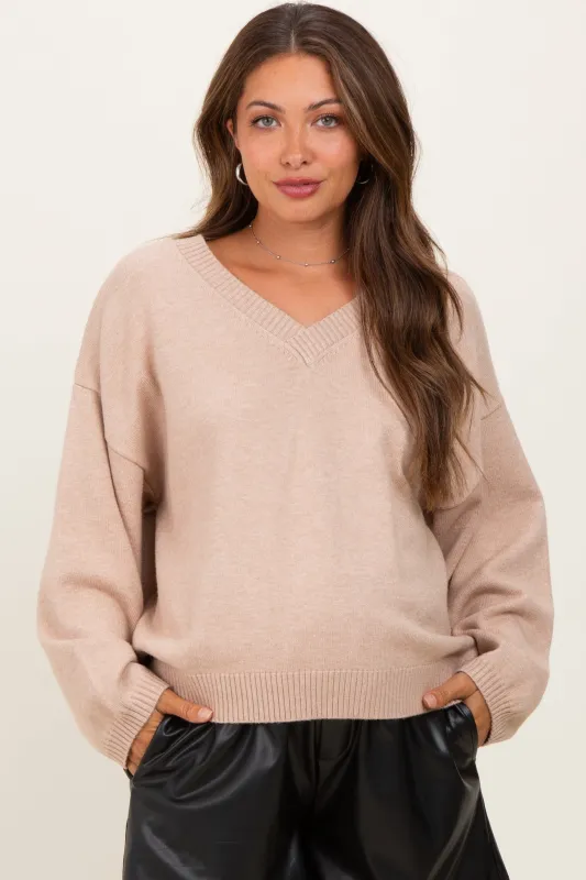 Beige V-Neck Drop Shoulder Maternity Sweater sold by Pinkblush