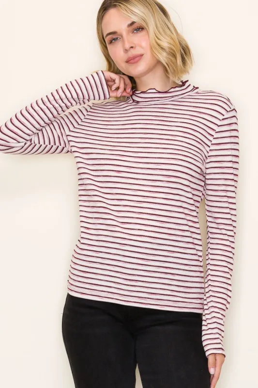 Burgundy Striped Ribbed Mock Neck Ruffle Hem Top sold by Pinkblush
