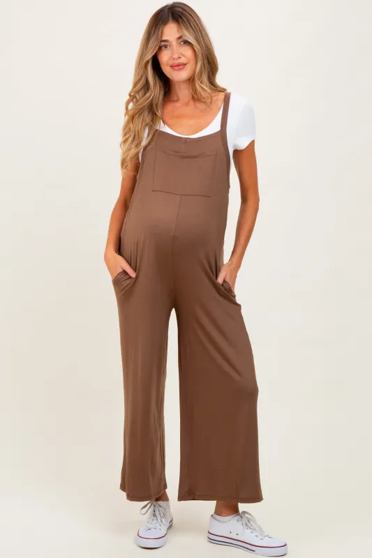 Mocha Sleeveless Pocketed Wide Leg Maternity Jumpsuit sold by Pinkblush