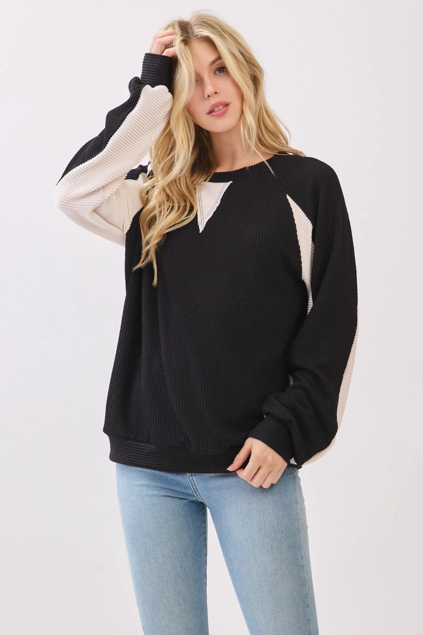 Black Textured Rib Colorblock Pullover sold by Pinkblush product image thumbnail 2