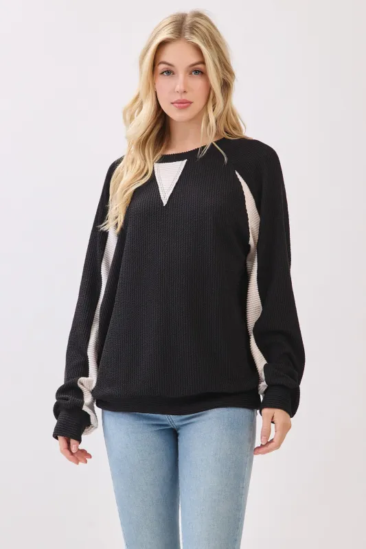 Black Textured Rib Colorblock Pullover sold by Pinkblush