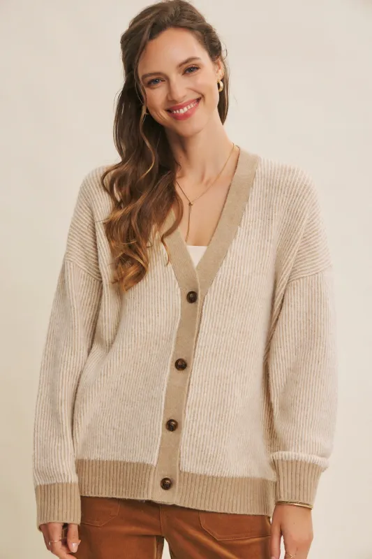 Taupe Two-Tone Button-Down Cardigan sold by Pinkblush