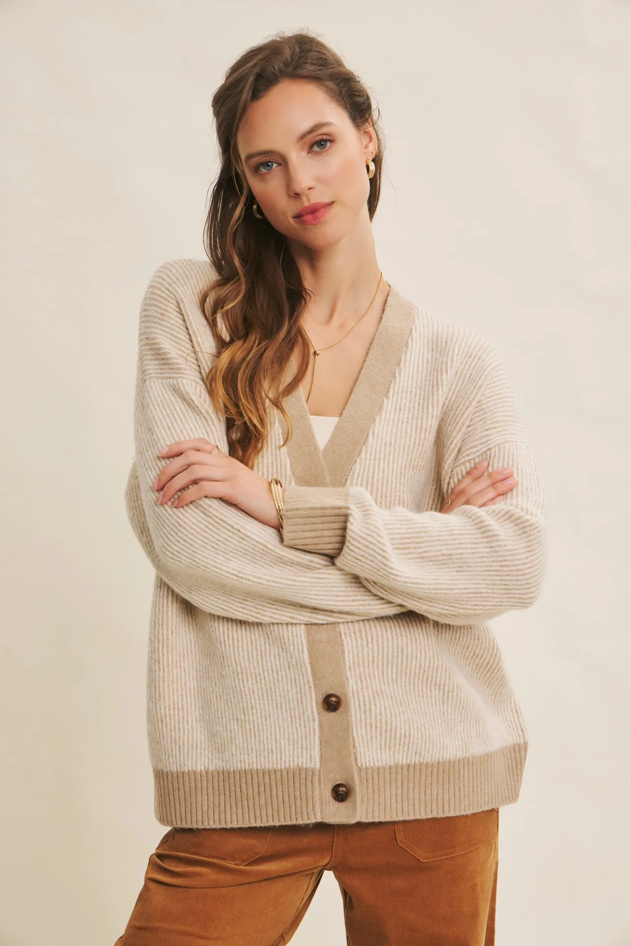 Taupe Two-Tone Button-Down Cardigan sold by Pinkblush product image thumbnail 2