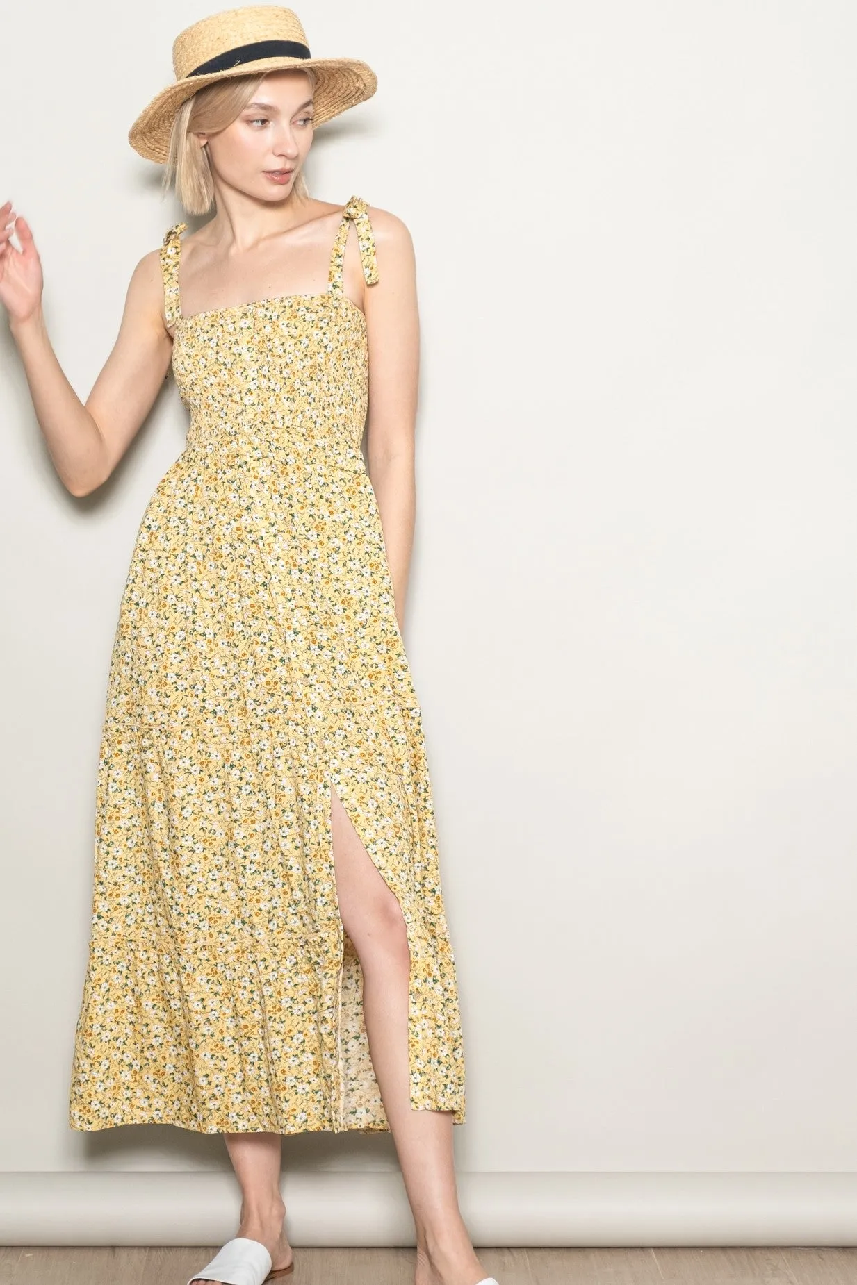 Yellow Floral Button Down Shoulder Tie Maxi Dress sold by Pinkblush product image thumbnail 2