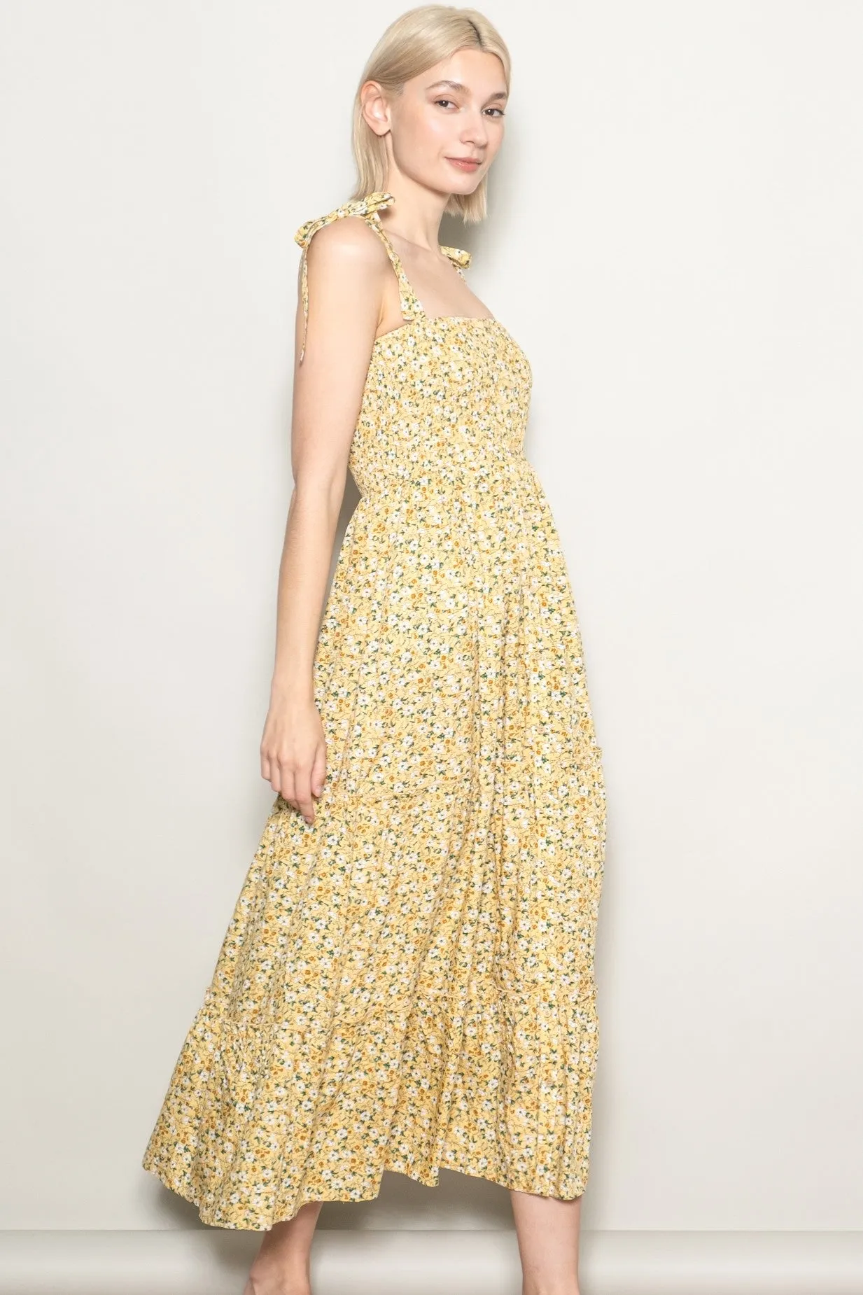 Yellow Floral Button Down Shoulder Tie Maxi Dress sold by Pinkblush product image thumbnail 3