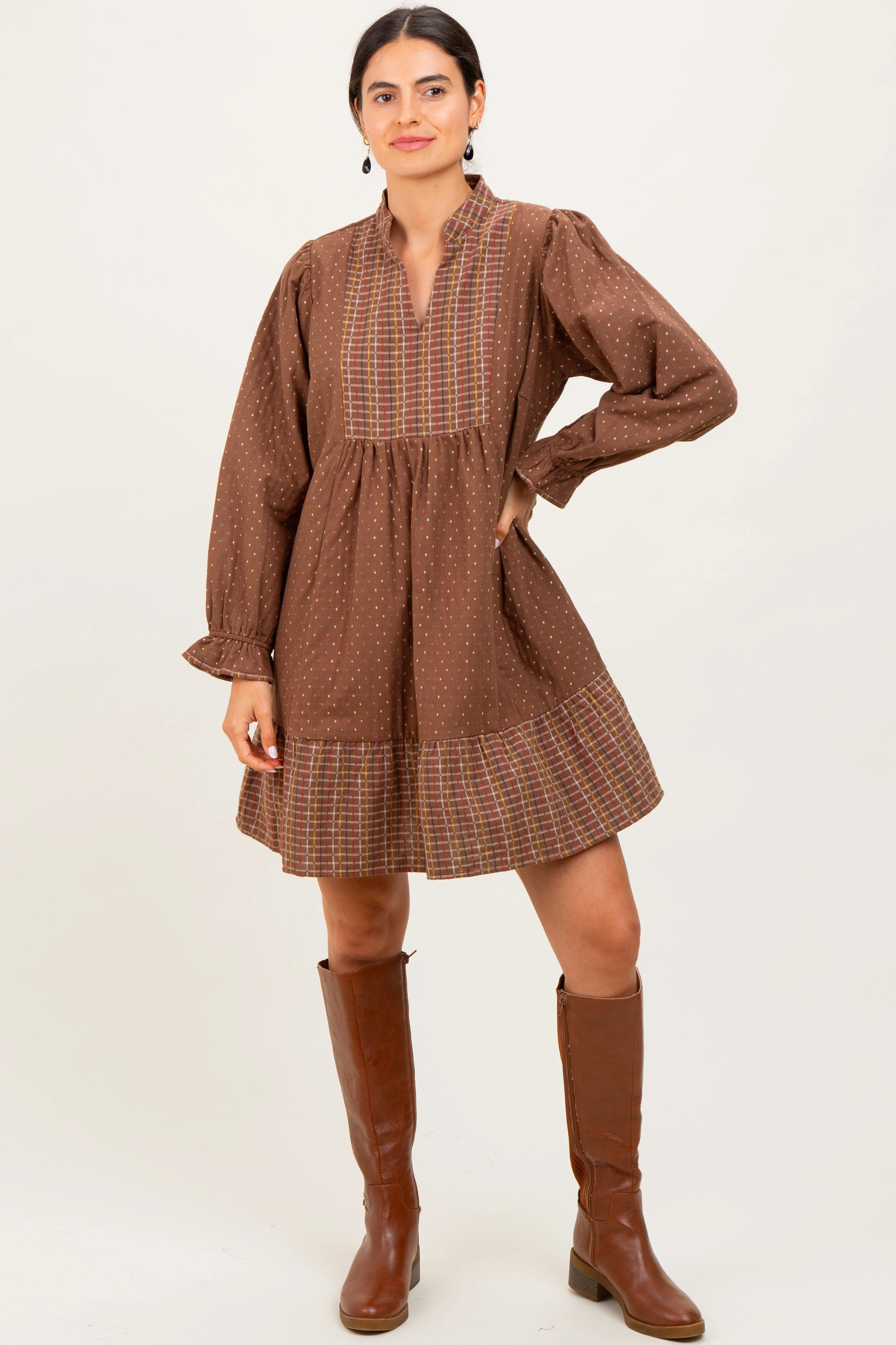 Brown Mixed Print V-Neck 3/4 Sleeve Maternity Dress sold by Pinkblush product image thumbnail 4