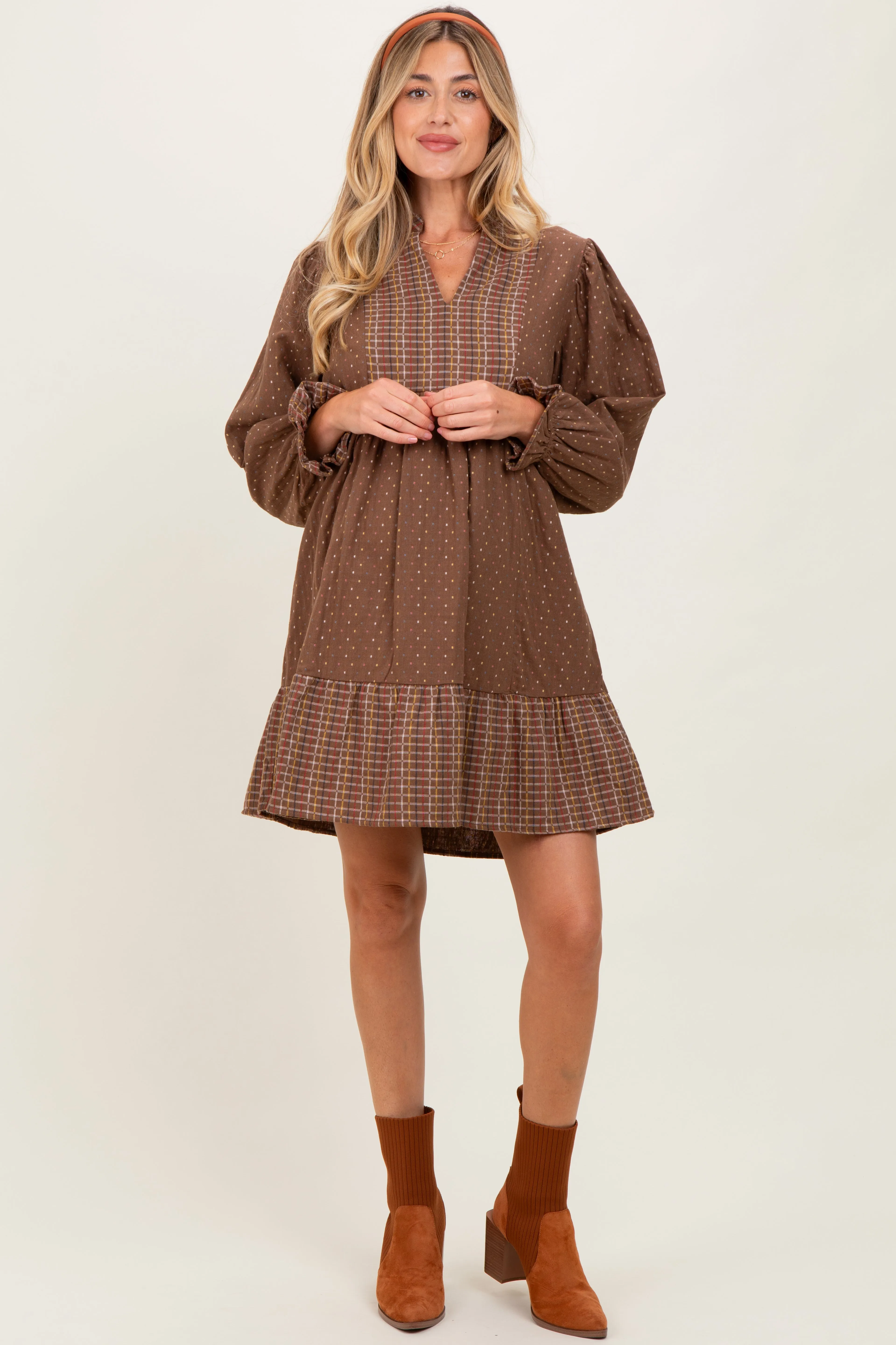 Brown Mixed Print V-Neck 3/4 Sleeve Maternity Dress sold by Pinkblush
