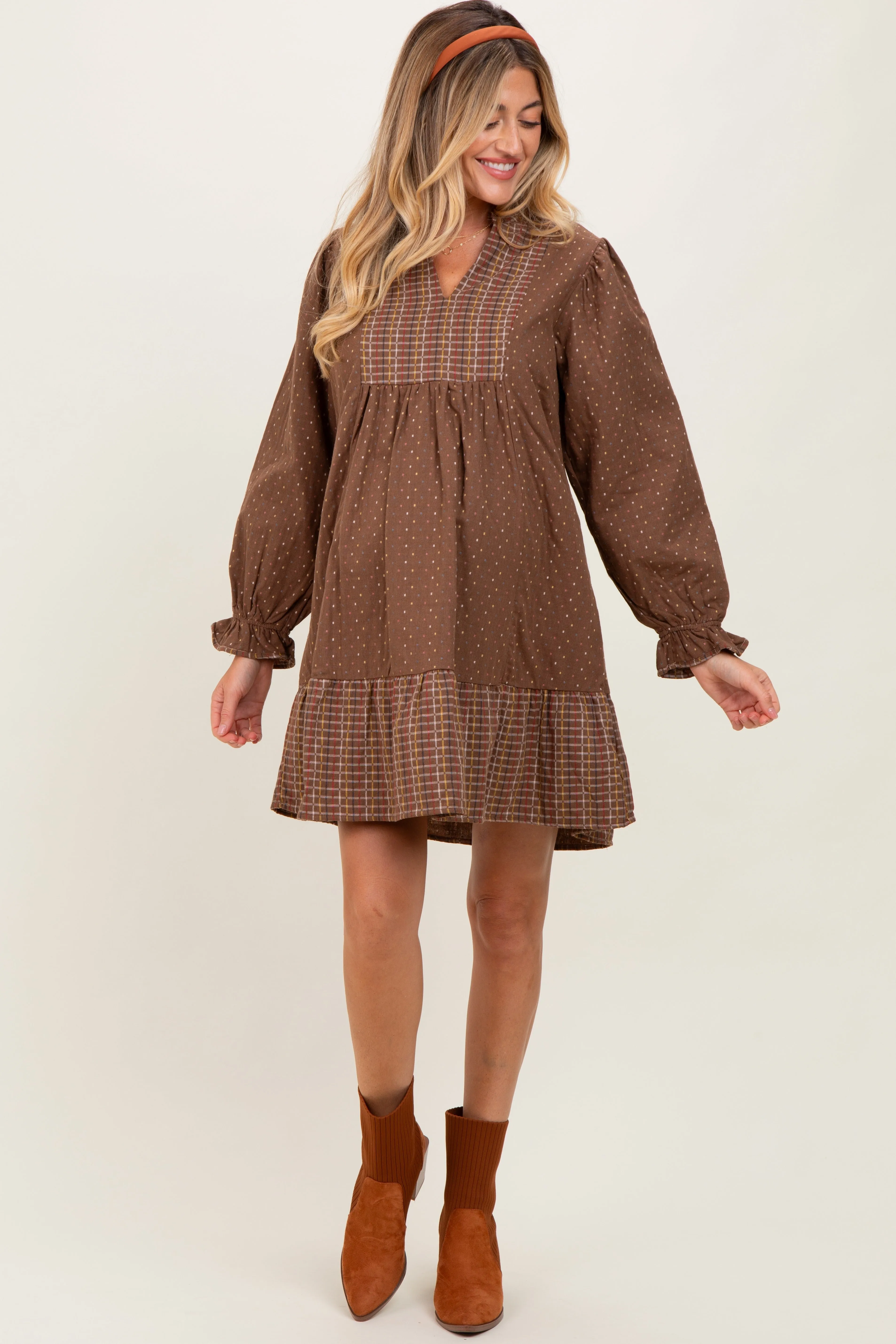 Brown Mixed Print V-Neck 3/4 Sleeve Maternity Dress sold by Pinkblush product image thumbnail 2