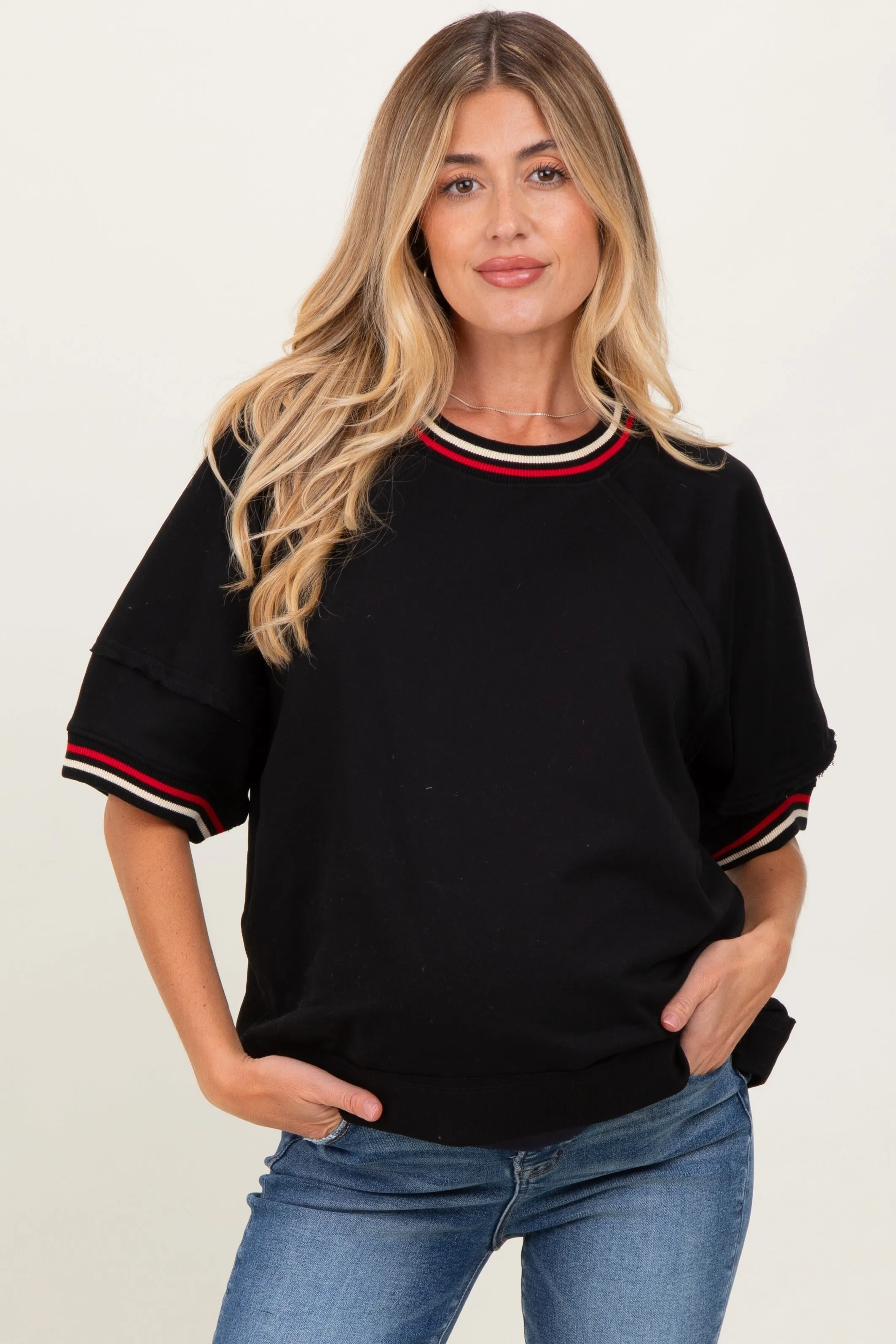 Black Contrast Trim Short Sleeve Maternity Pullover sold by Pinkblush