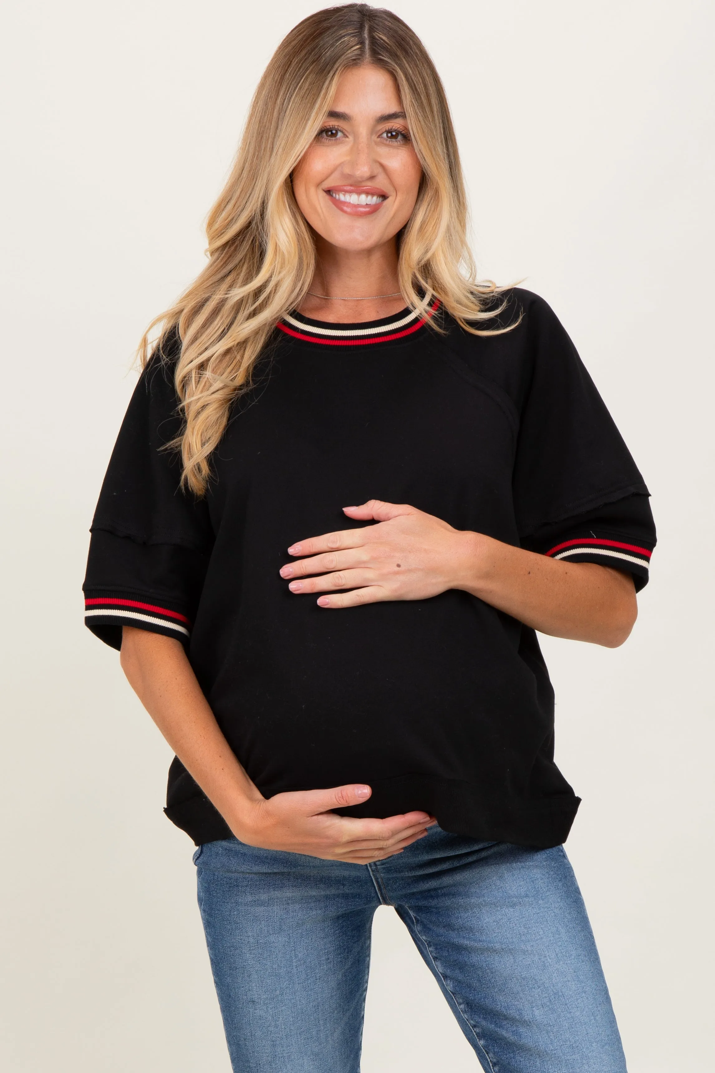 Black Contrast Trim Short Sleeve Maternity Pullover sold by Pinkblush product image thumbnail 2