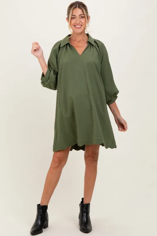 Olive Textured Collared 3/4 Puff Sleeve Maternity Dress sold by Pinkblush