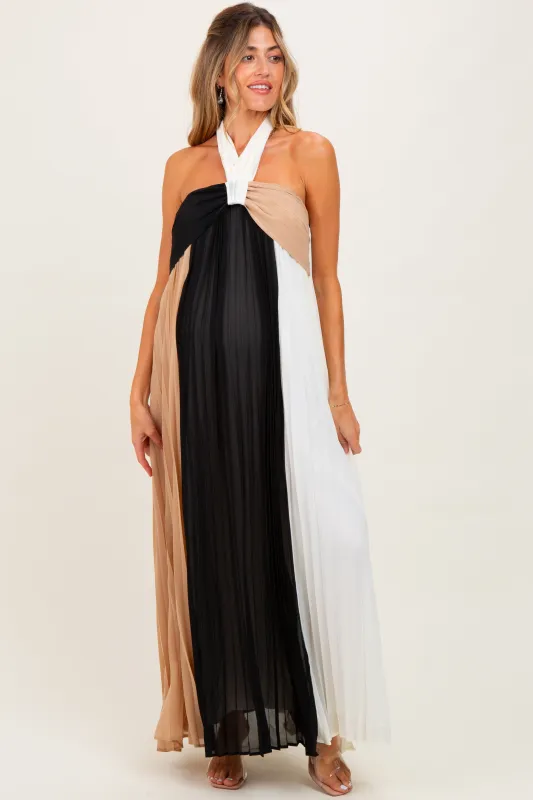 Taupe Colorblock Pleated Halter Neck Maternity Maxi Dress sold by Pinkblush