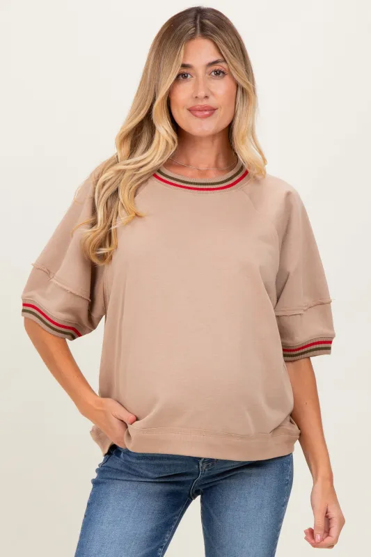Beige Contrast Trim Short Sleeve Maternity Pullover sold by Pinkblush