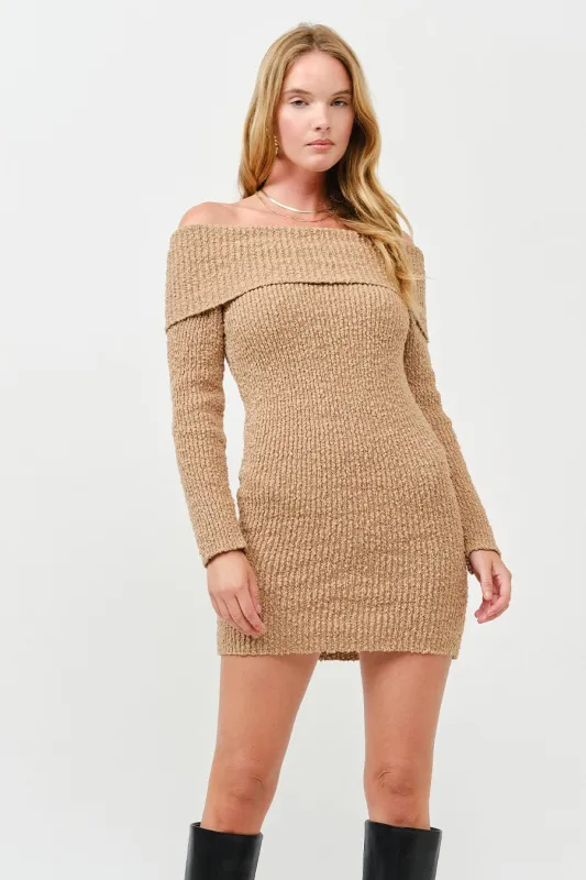 Mocha Off The Shoulder Knit Sweater Mini Dress sold by Pinkblush