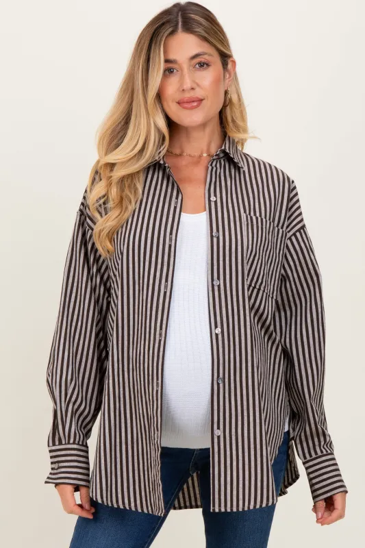 Brown Striped Linen Blend Maternity Button Down Shirt sold by Pinkblush