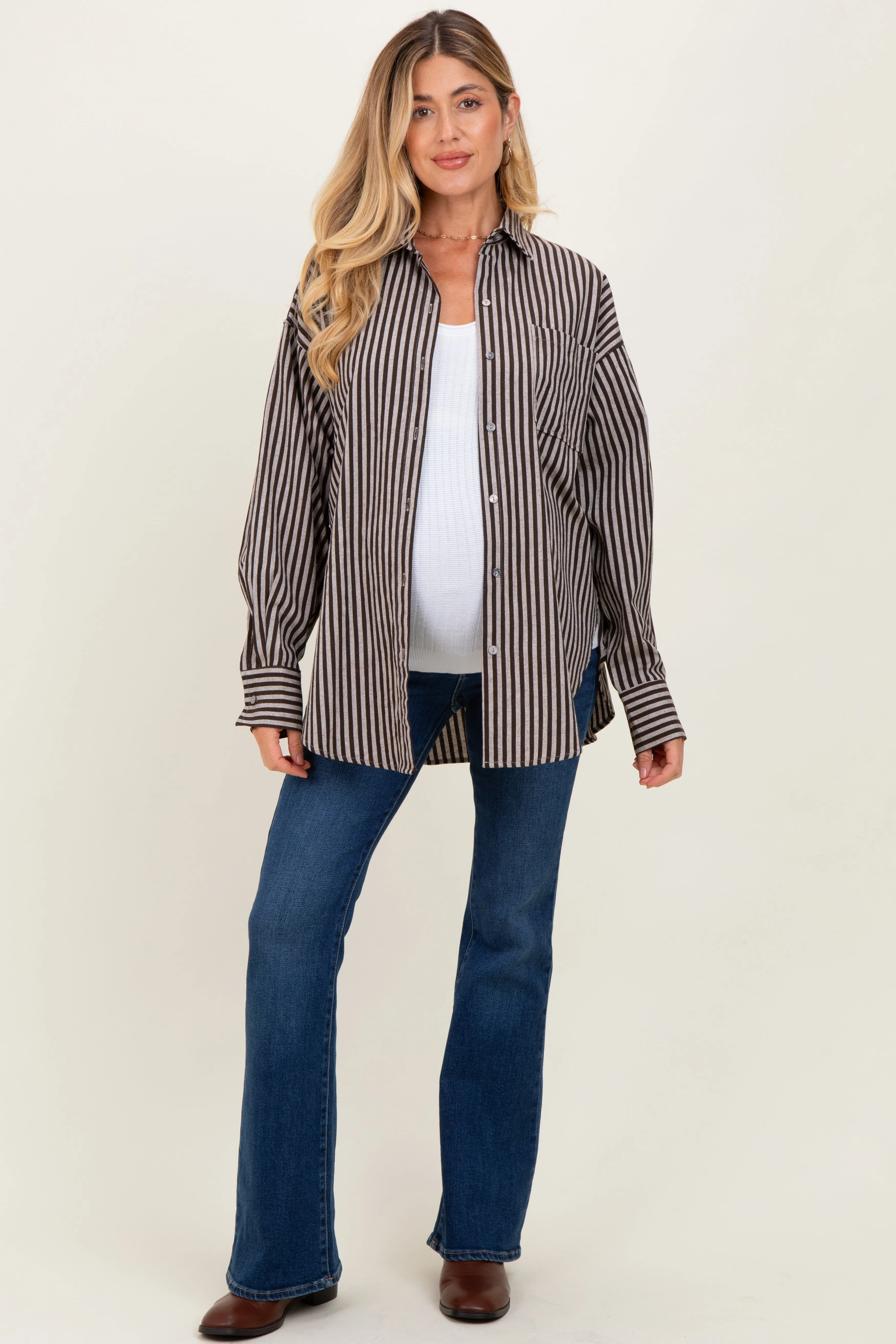 Brown Striped Linen Blend Maternity Button Down Shirt sold by Pinkblush product image thumbnail 2