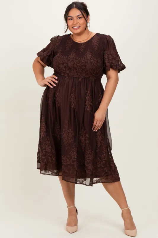 Brown Floral Embroidered Mesh Overlay Smocked Plus Midi Dress sold by Pinkblush