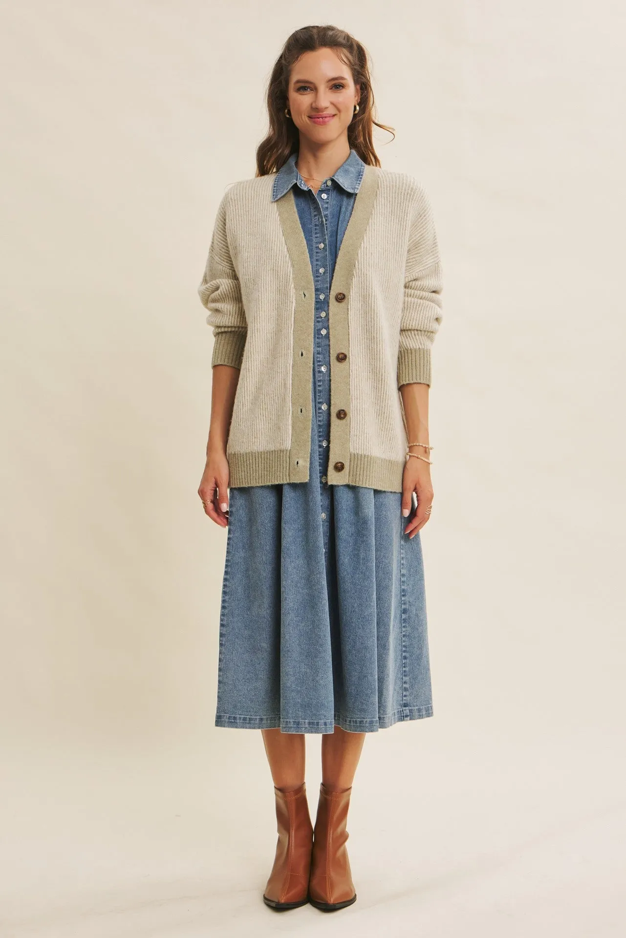 Light Olive Two-Tone Button-Down Cardigan sold by Pinkblush product image thumbnail 3