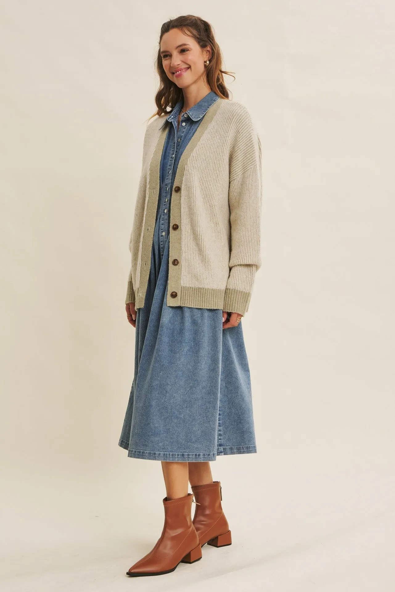 Light Olive Two-Tone Button-Down Cardigan sold by Pinkblush product image thumbnail 4