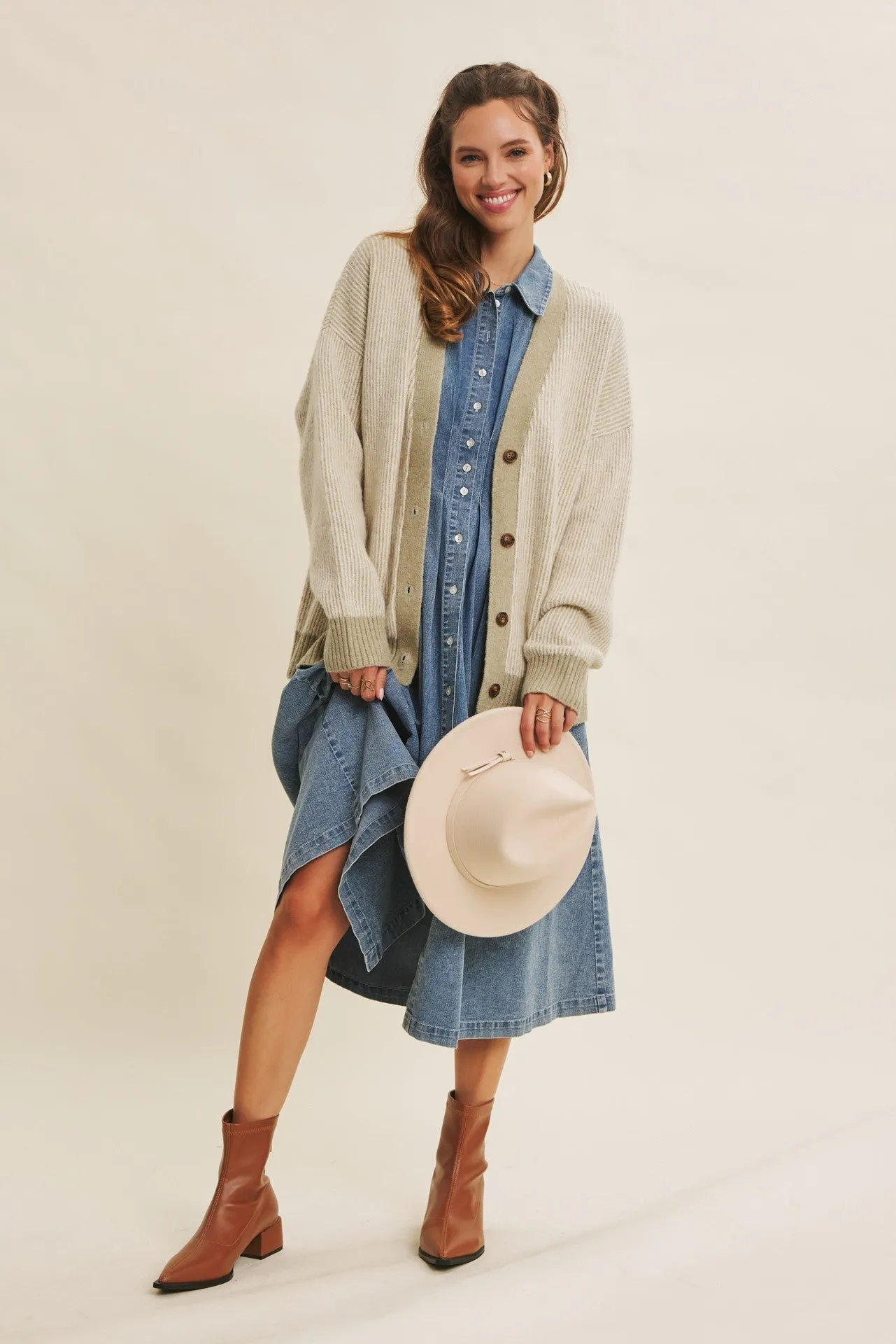 Light Olive Two-Tone Button-Down Cardigan sold by Pinkblush product image thumbnail 2