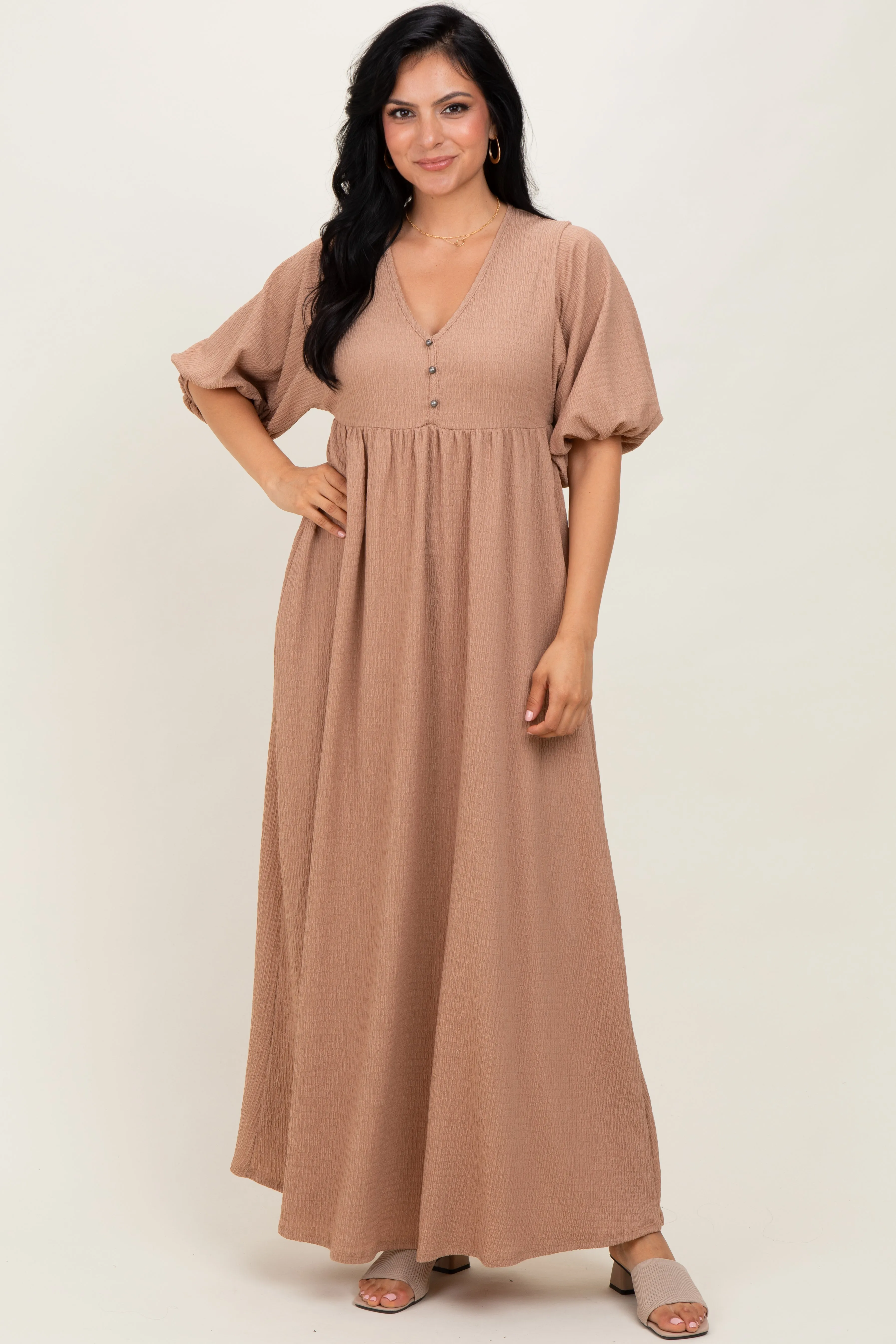 Beige Solid Woven 3/4 Sleeve V-Neck Button Down Maternity Maxi Dress sold by Pinkblush product image thumbnail 5