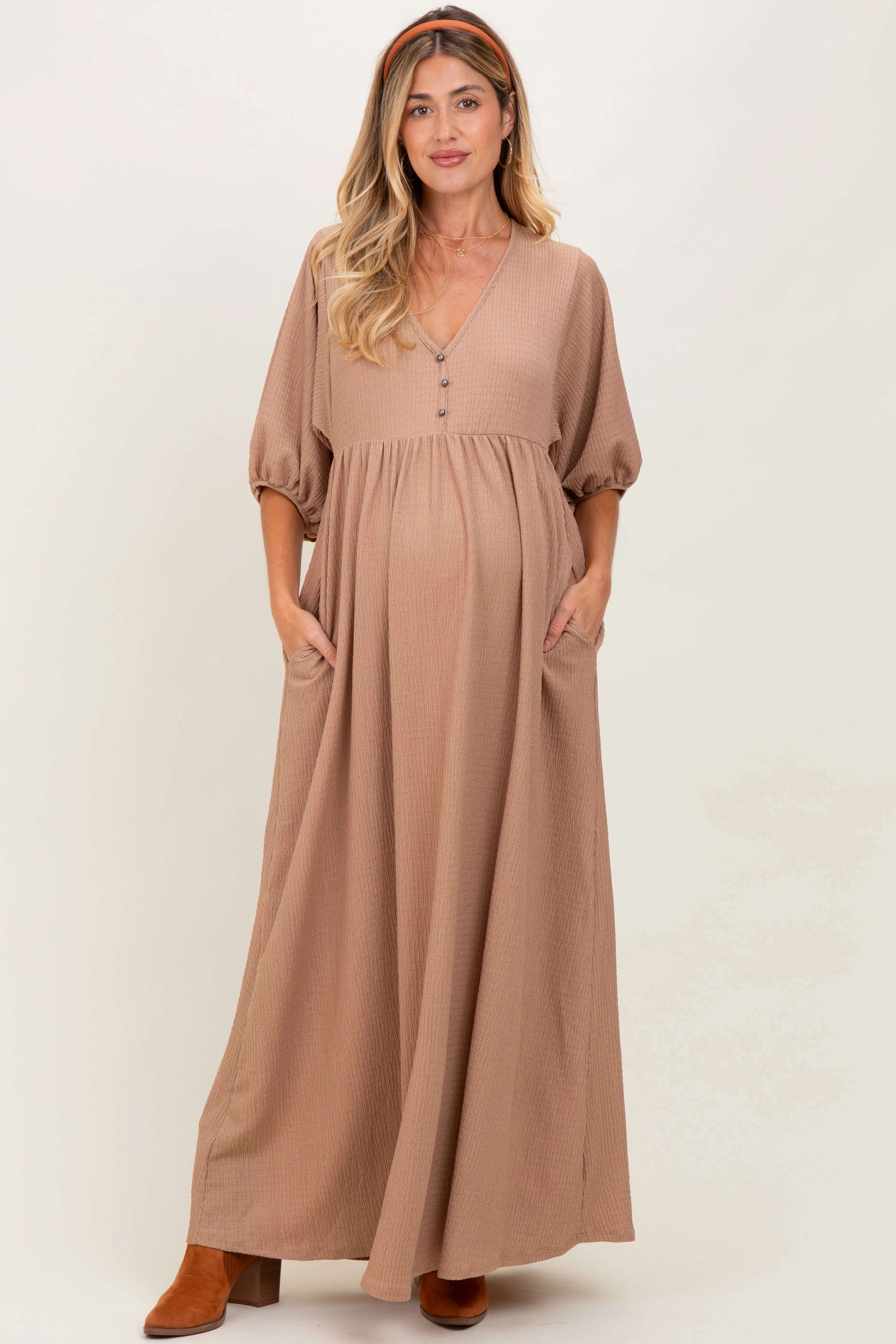 Beige Solid Woven 3/4 Sleeve V-Neck Button Down Maternity Maxi Dress sold by Pinkblush product image thumbnail 2