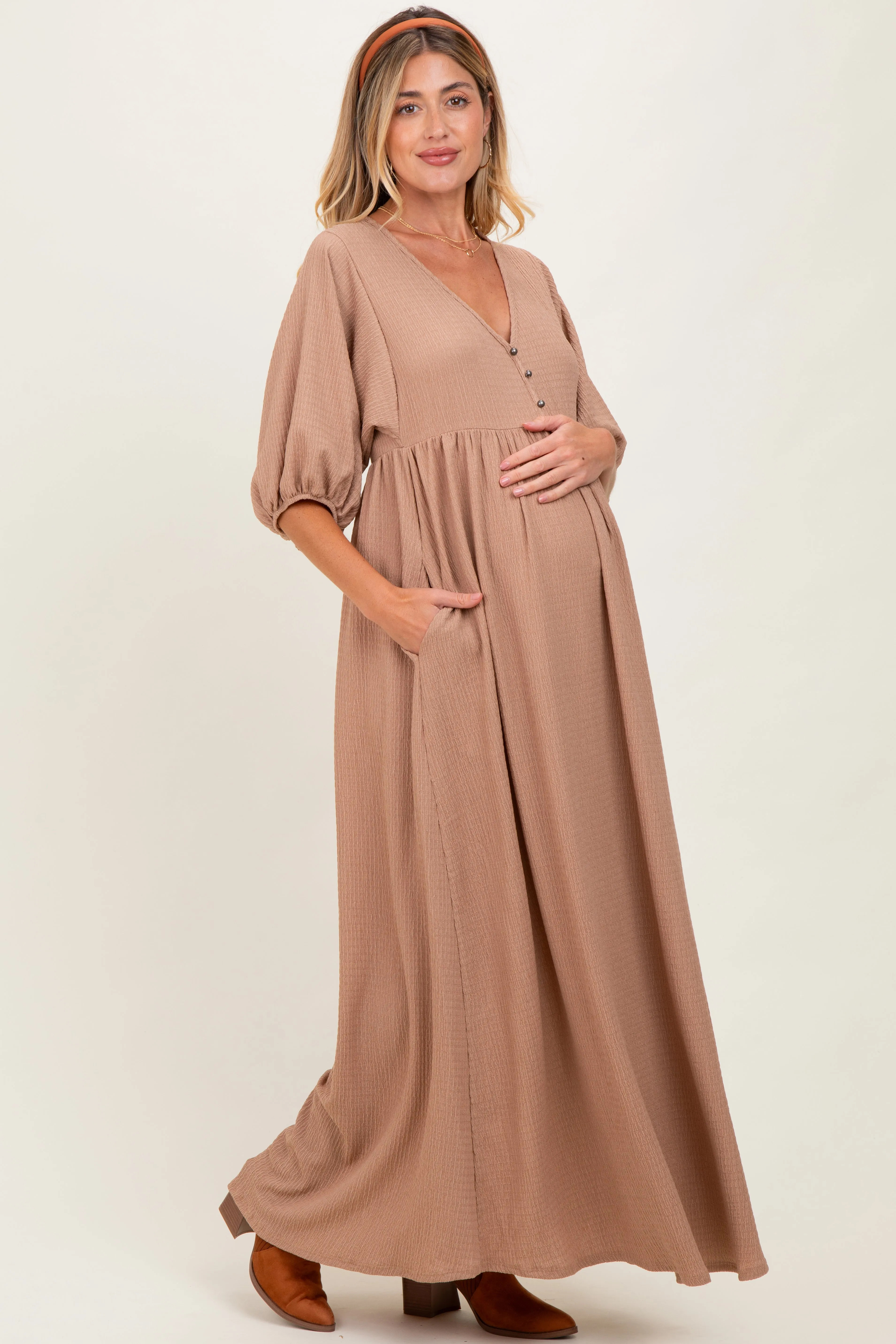 Beige Solid Woven 3/4 Sleeve V-Neck Button Down Maternity Maxi Dress sold by Pinkblush product image thumbnail 3